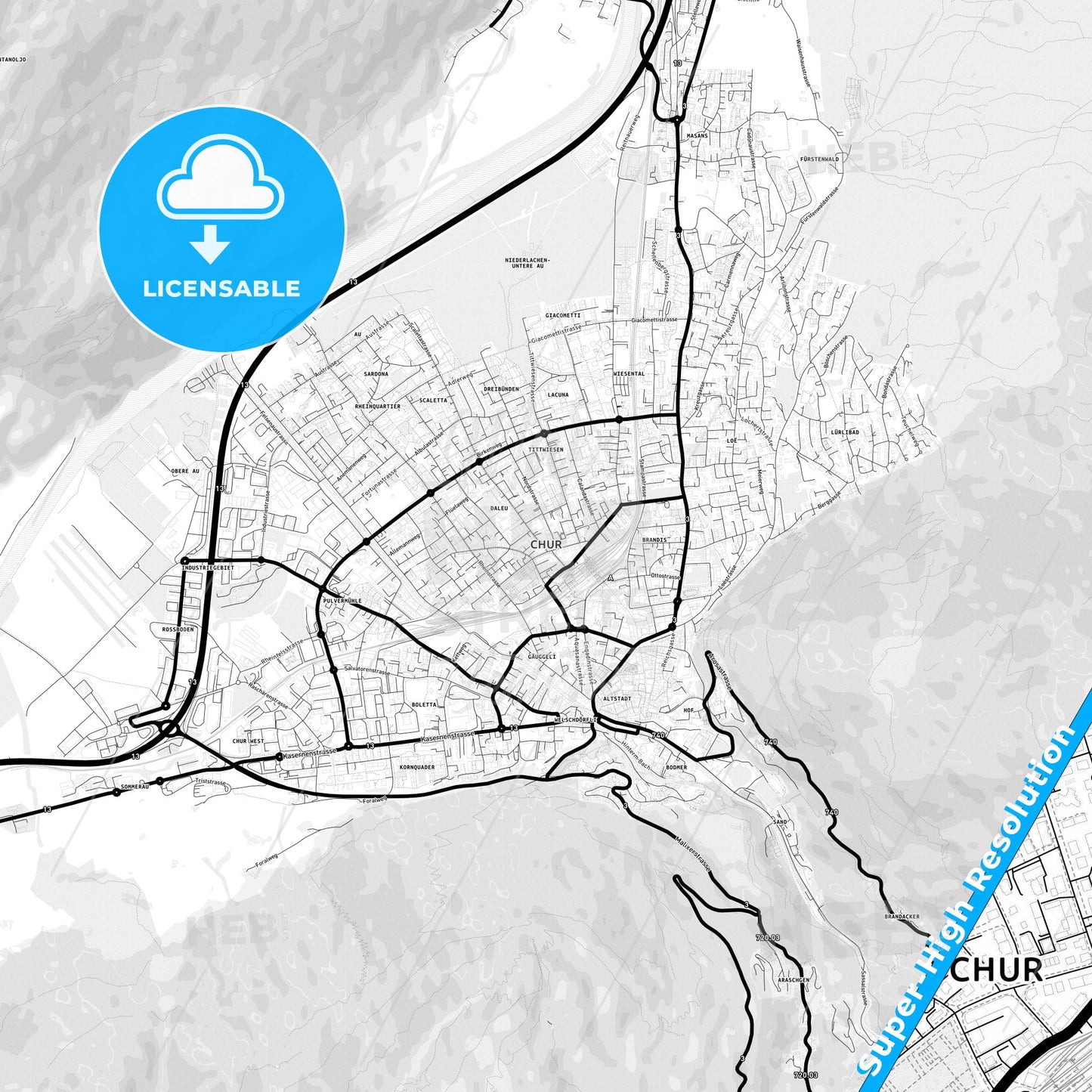 Chur, Switzerland Light Map with Street Names, City Names, and Districts
