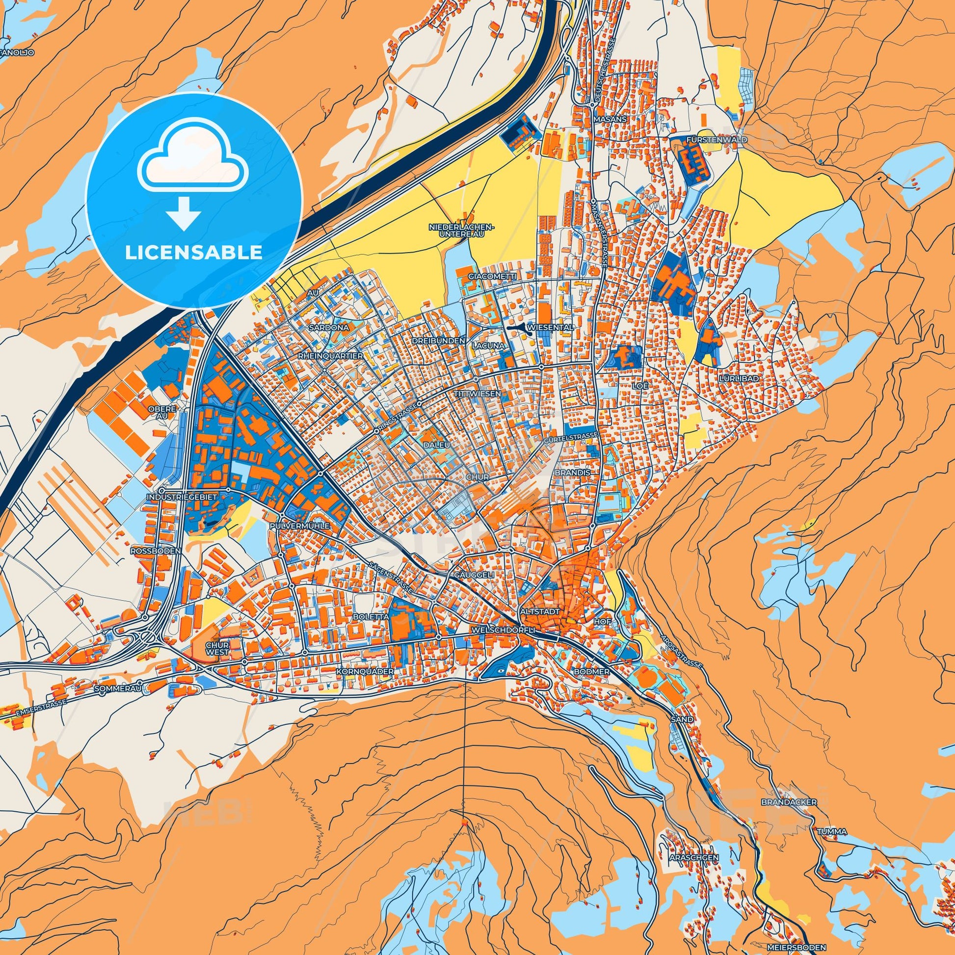 Colorful Chur Street Map with Labels and Buildings