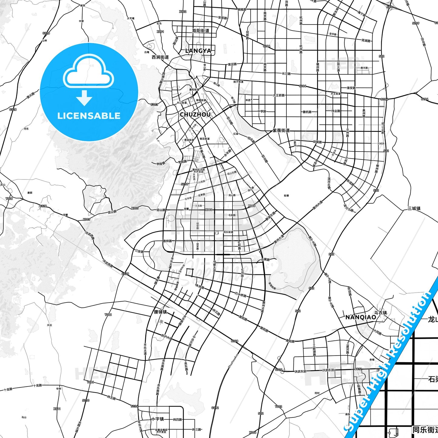 Chuzhou, China light map with streetnames, citynames and districts