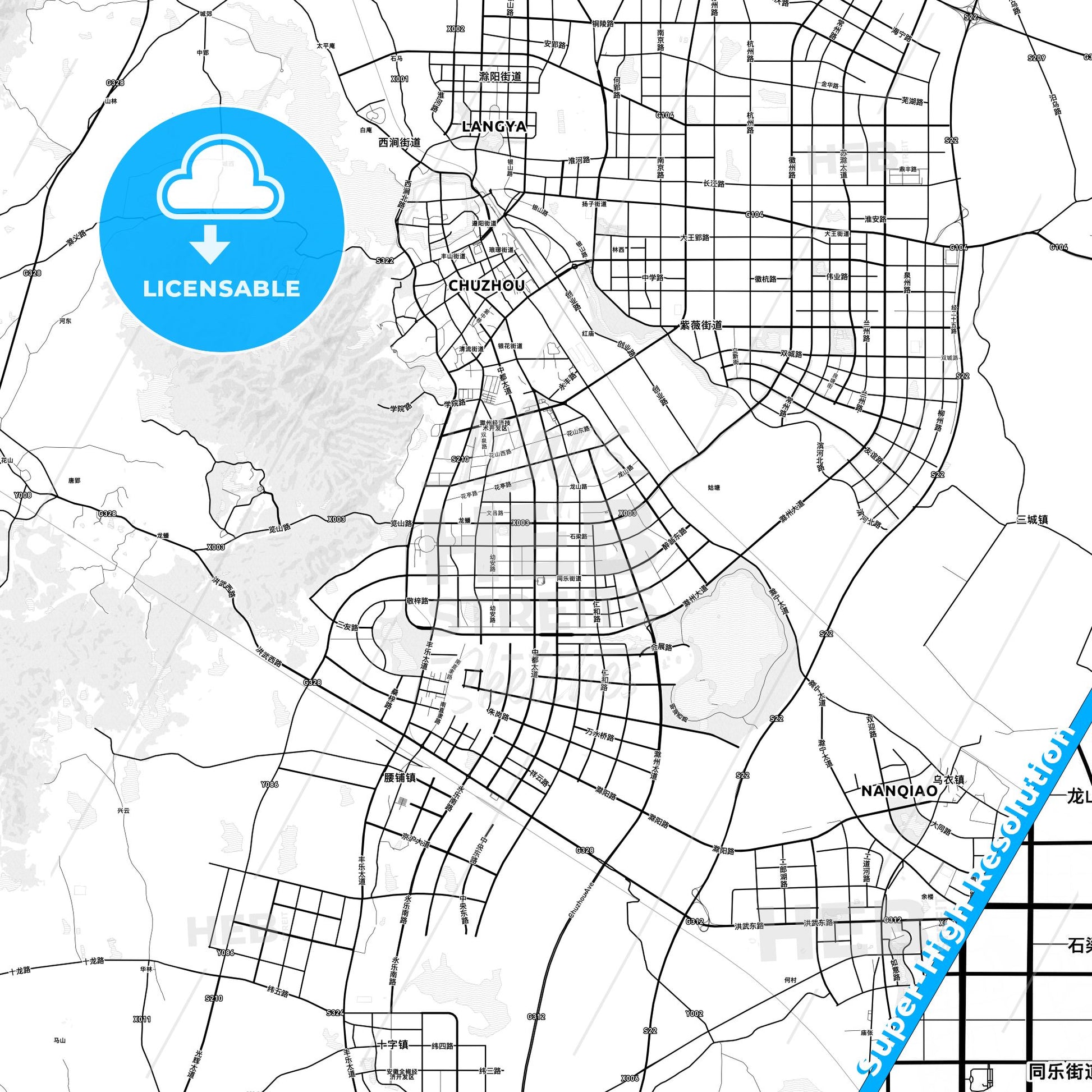 Chuzhou, China light map with streetnames, citynames and districts