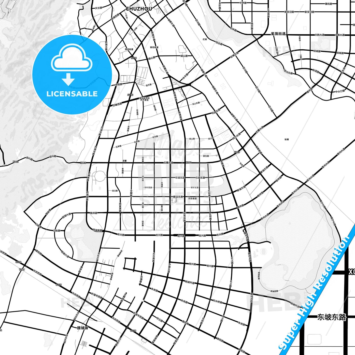 Chuzhou, China Light Map with Street Names, City Names, and Districts