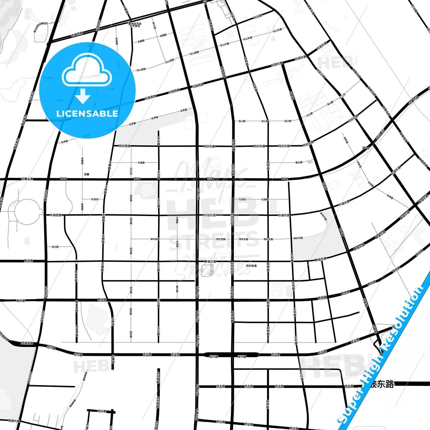Chuzhou, China Light Map with Street Names, City Names, and Districts