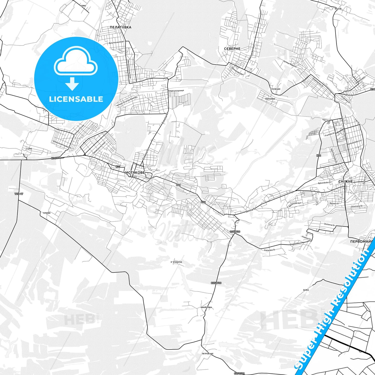 Chystiakove, Ukraine light map with streetnames, citynames and districts