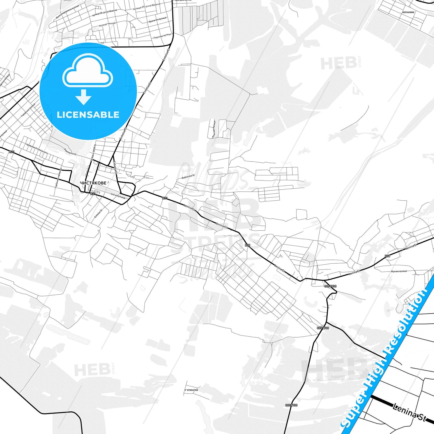 Chystiakove, Ukraine Light Map with Street Names, City Names, and Districts