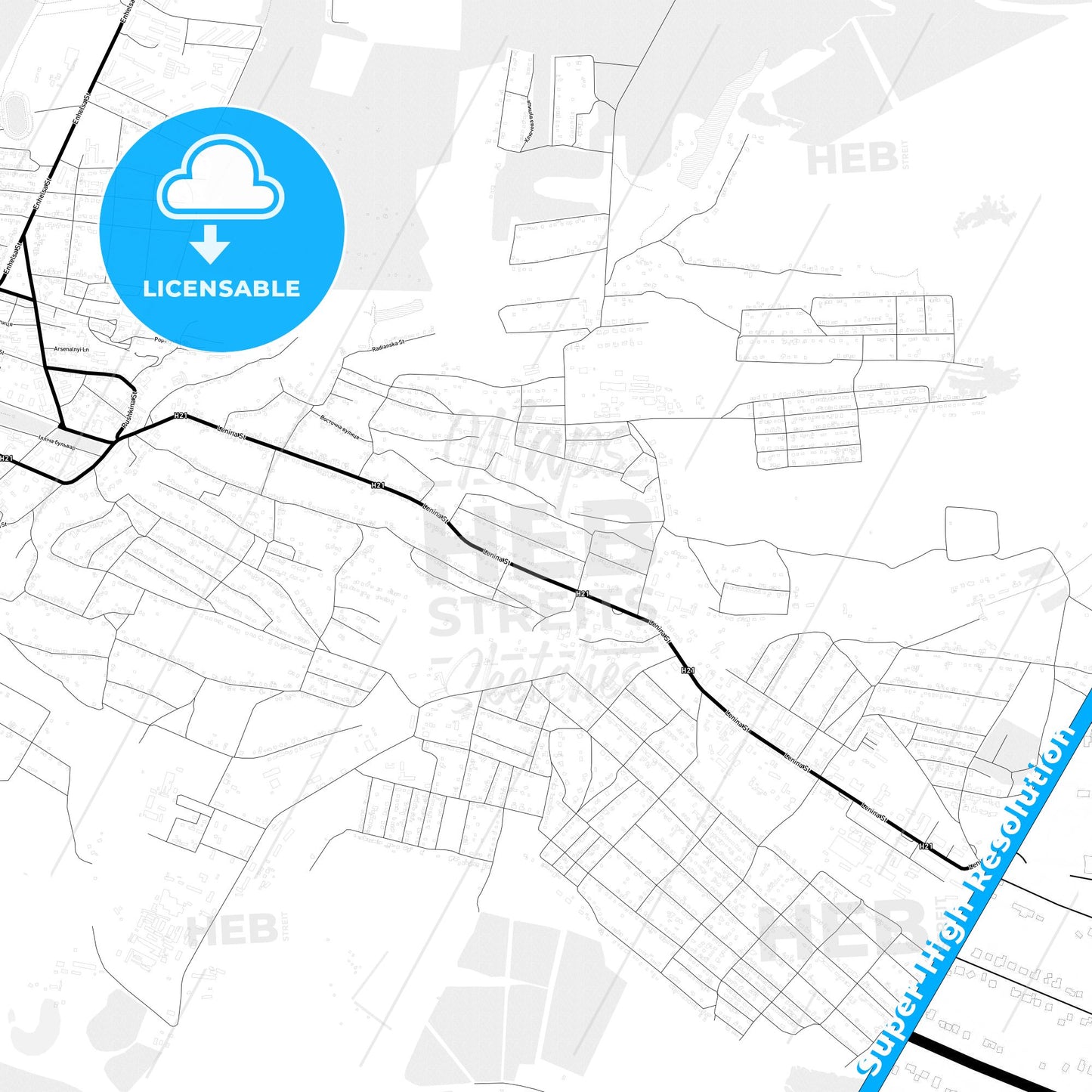 Chystiakove, Ukraine Light Map with Street Names, City Names, and Districts