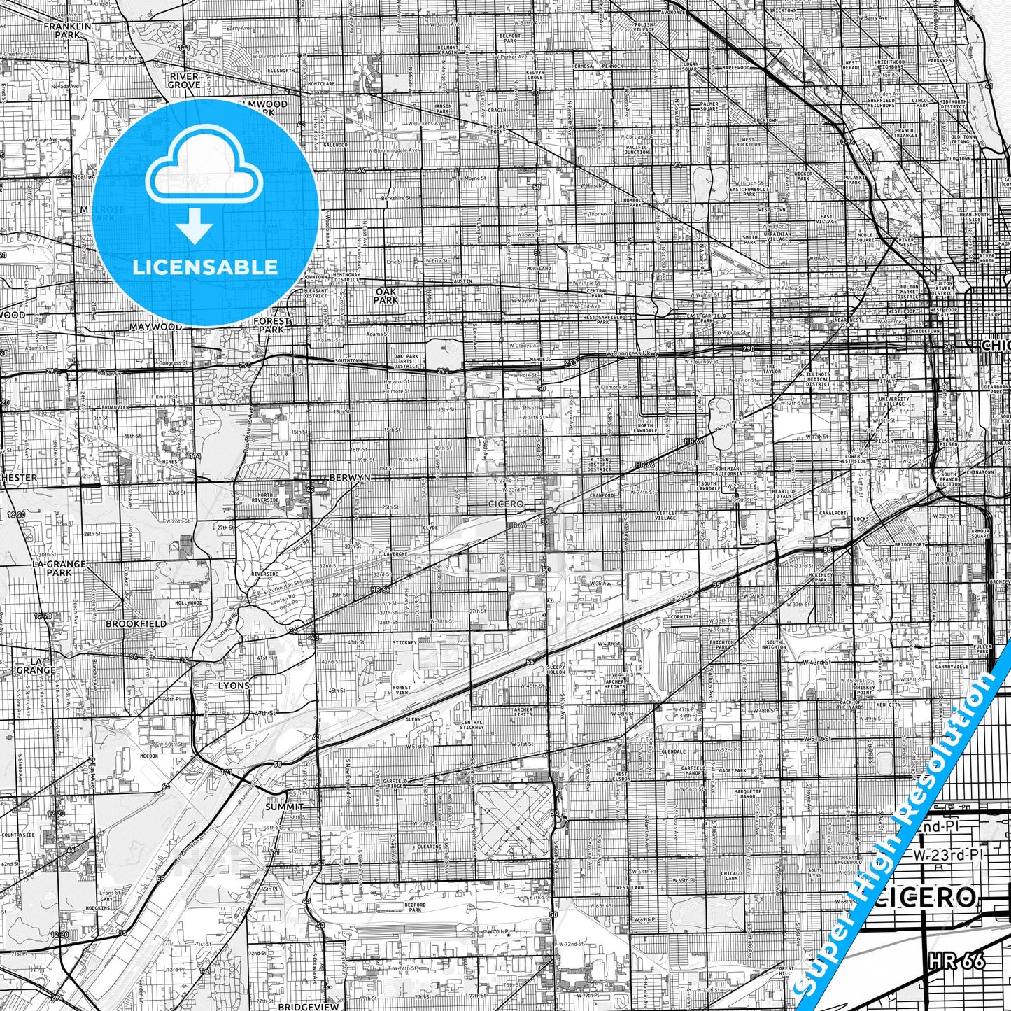 Cicero, Illinois light map with streetnames, citynames and districts