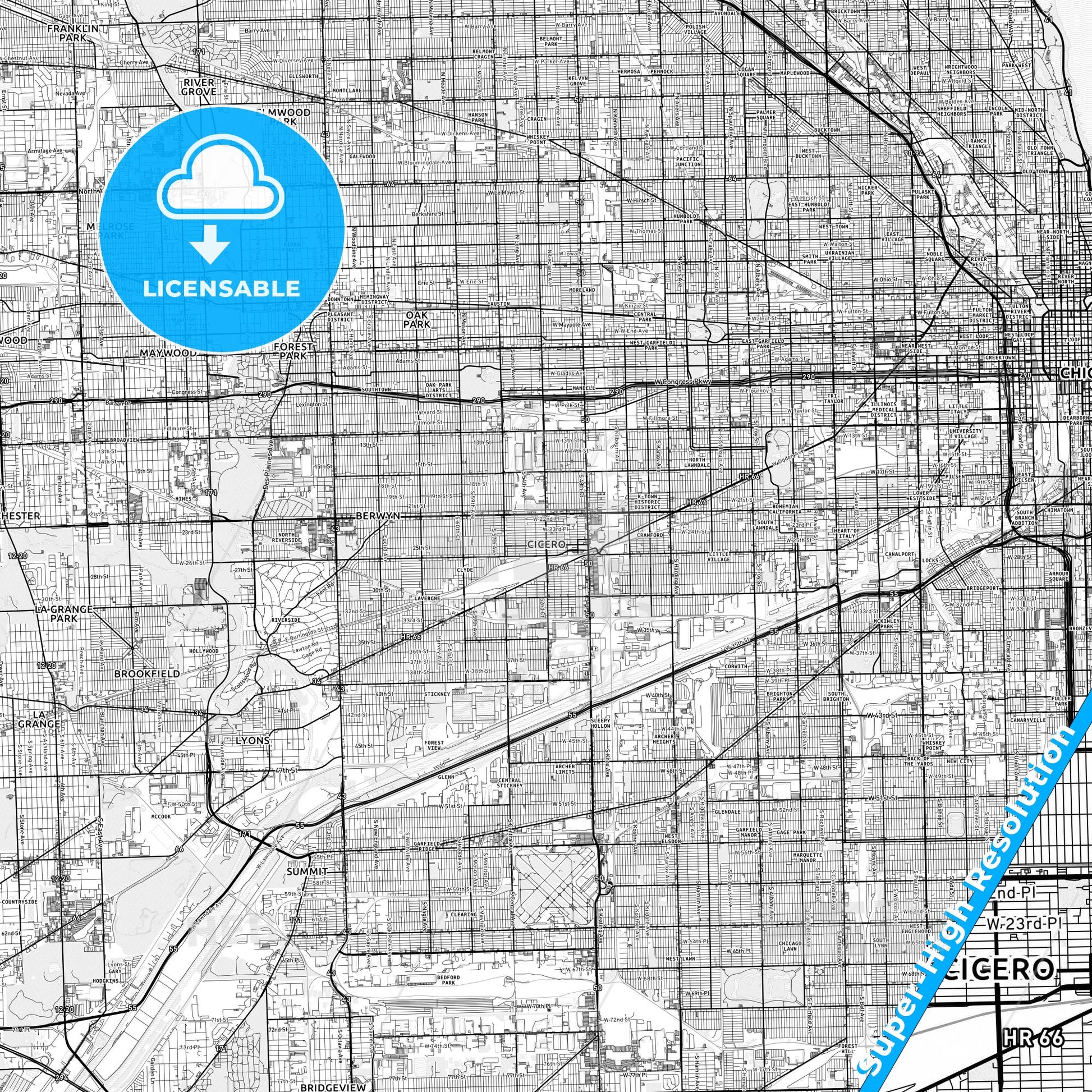 Cicero, Illinois light map with streetnames, citynames and districts