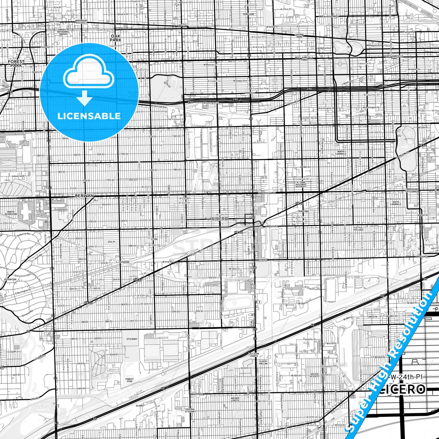 Cicero, Illinois Light Map with Street Names, City Names, and Districts