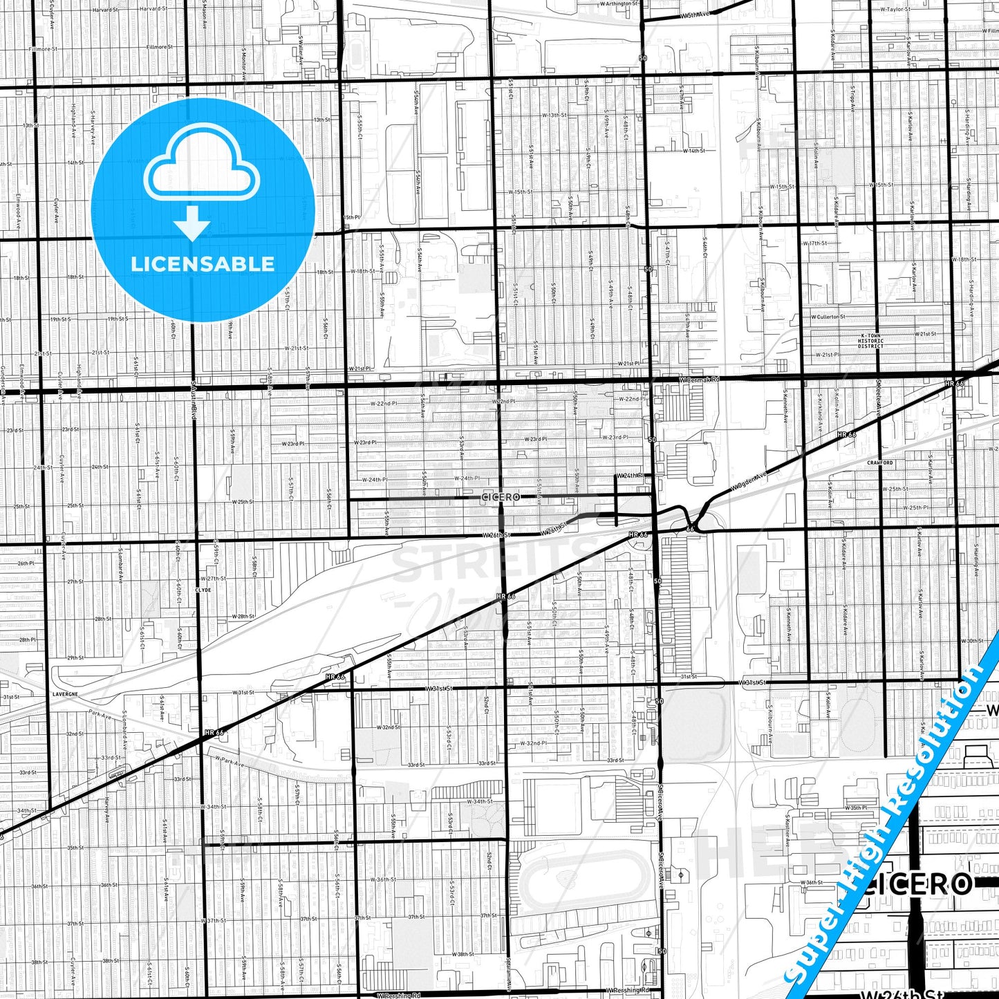 Cicero, Illinois Light Map with Street Names, City Names, and Districts