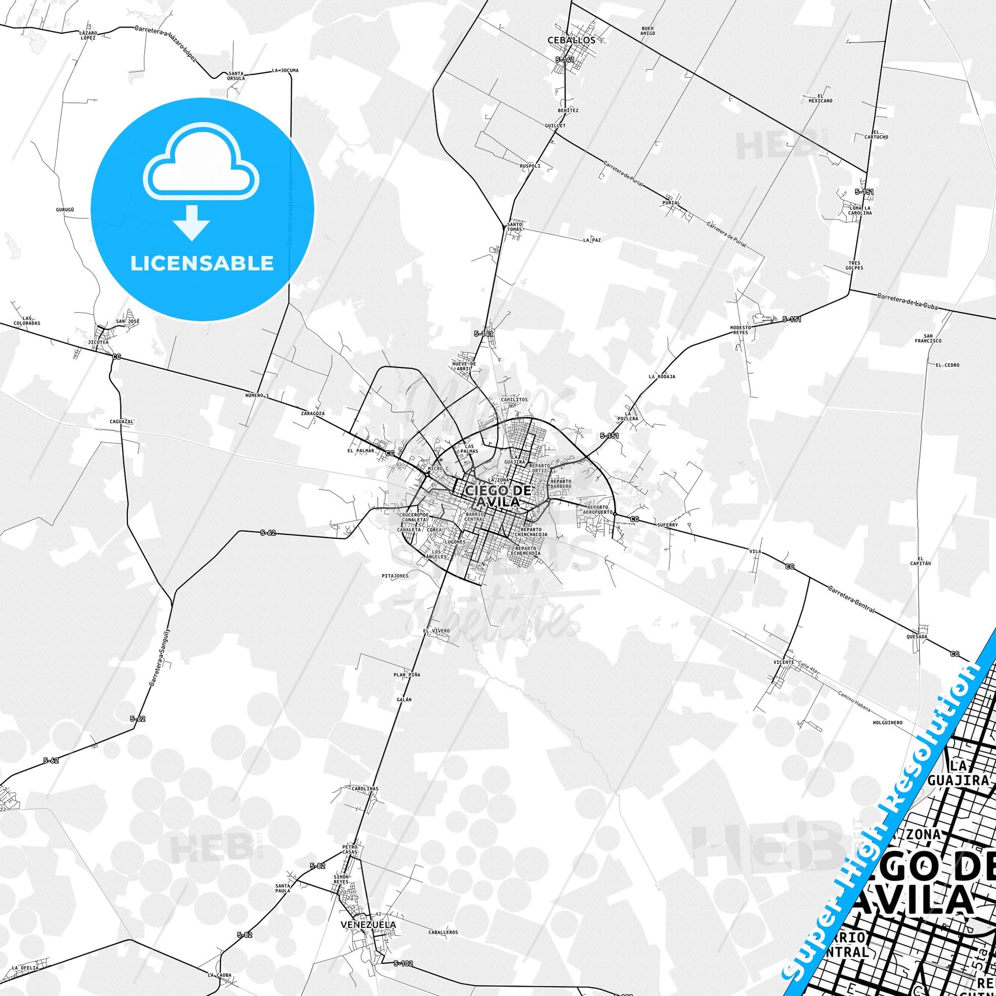 Ciego de Ávila, Cuba light map with streetnames, citynames and districts