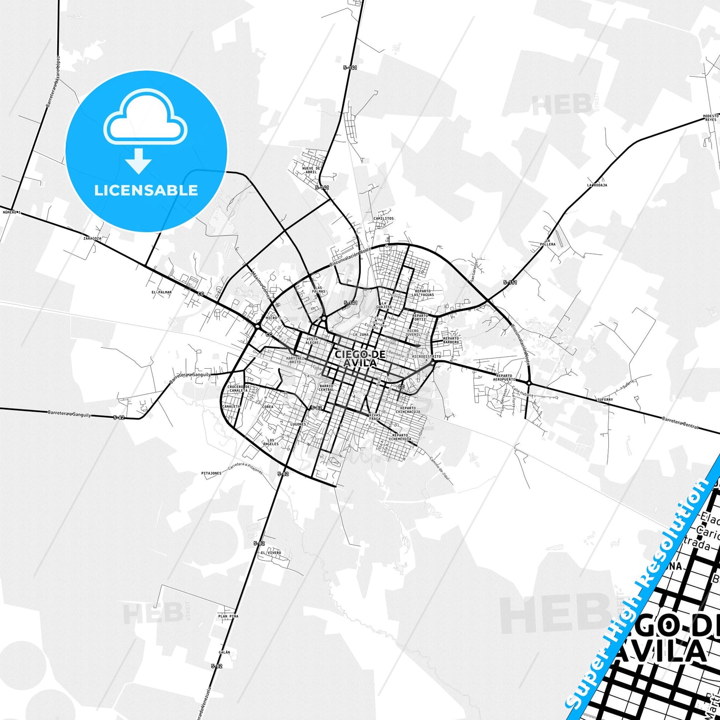Ciego de Ávila, Cuba Light Map with Street Names, City Names, and Districts