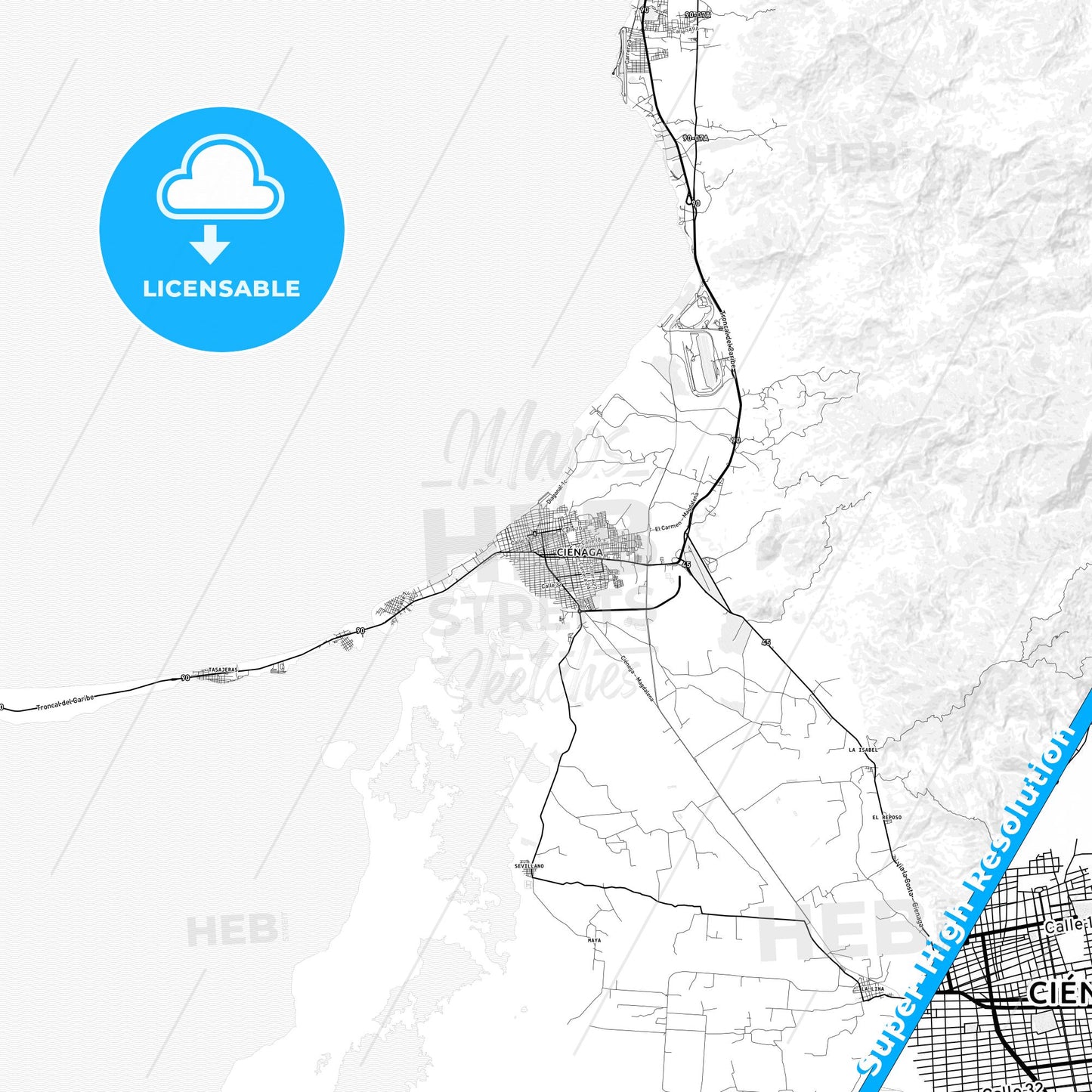 Cienaga, Colombia light map with streetnames, citynames and districts