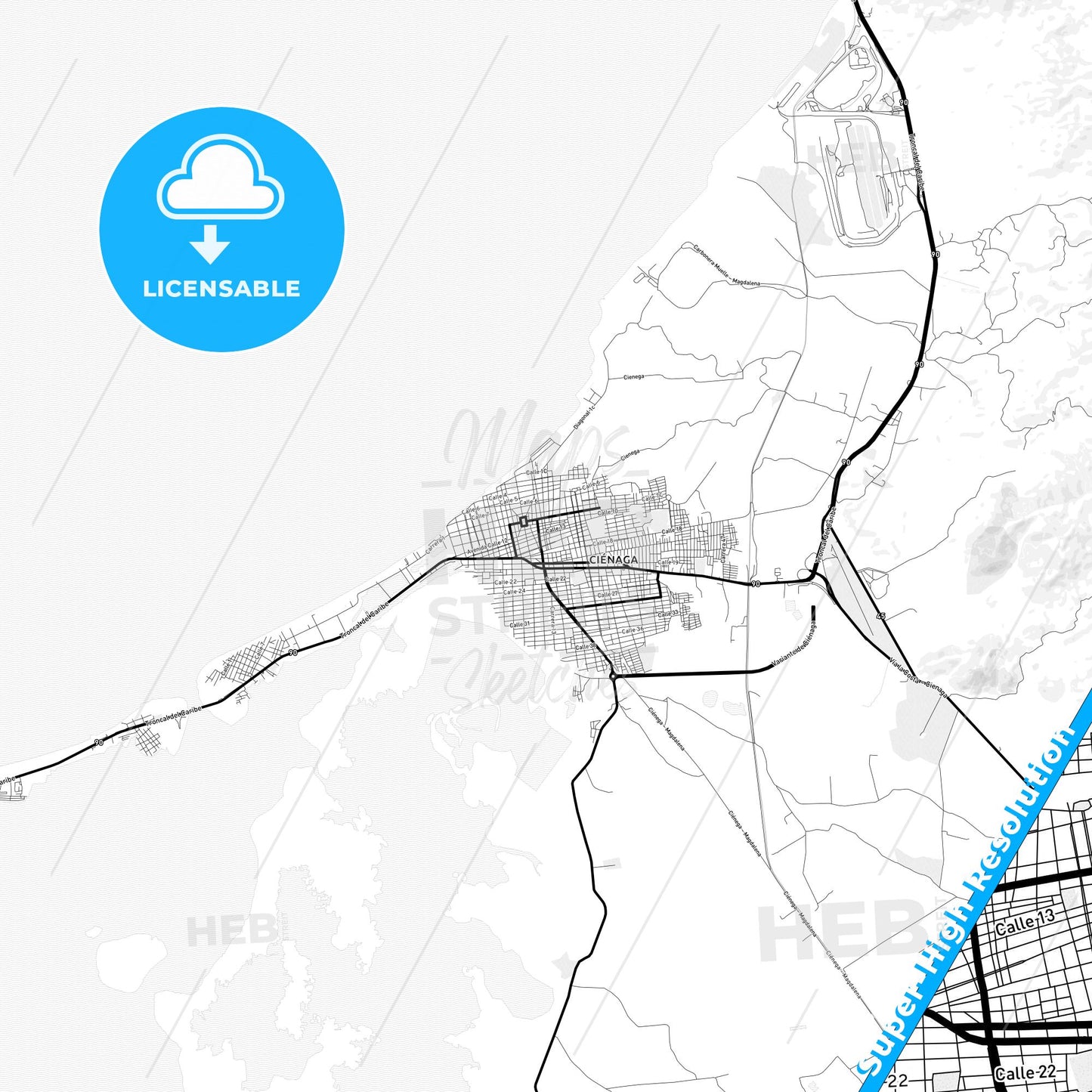 Cienaga, Colombia Light Map with Street Names, City Names, and Districts