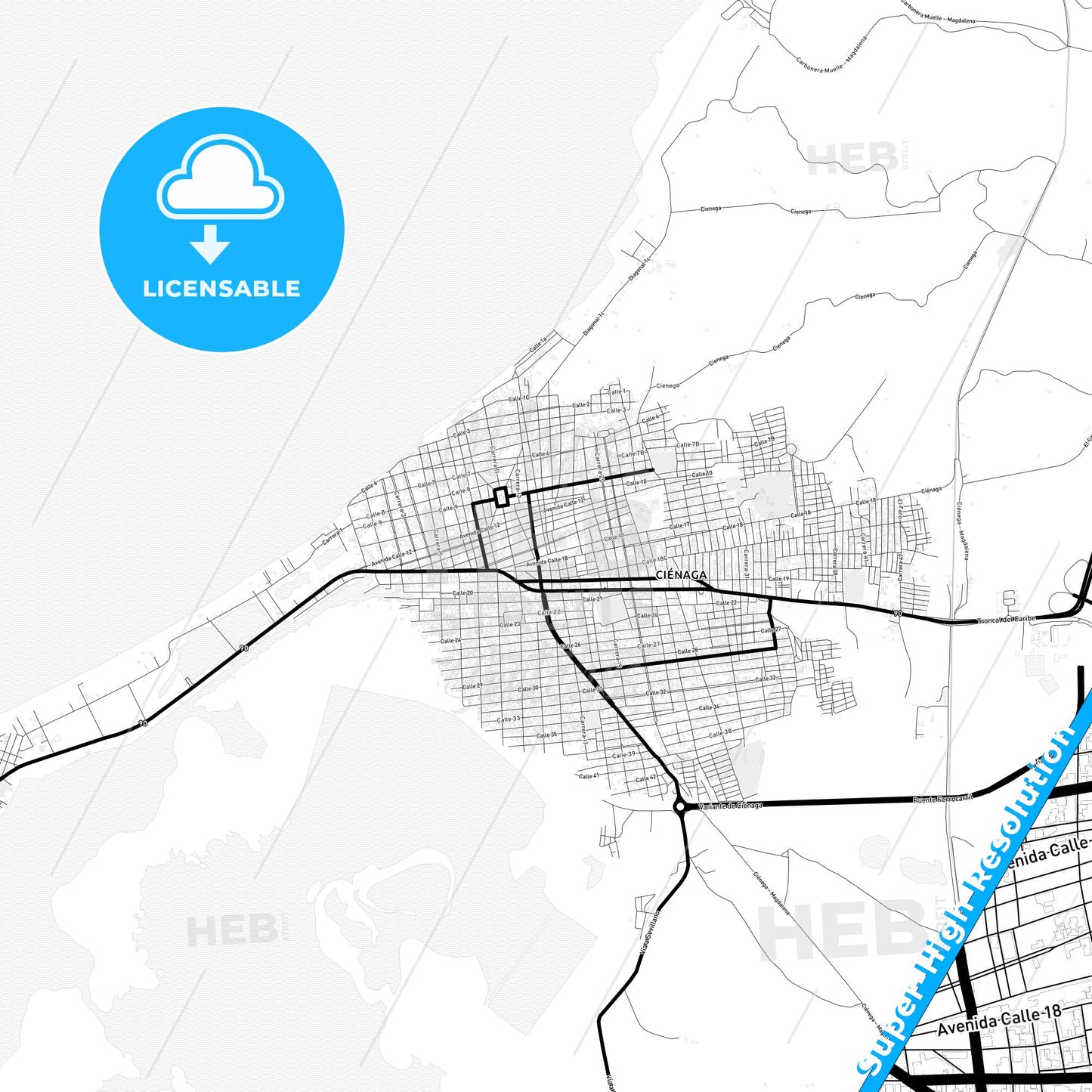 Cienaga, Colombia Light Map with Street Names, City Names, and Districts