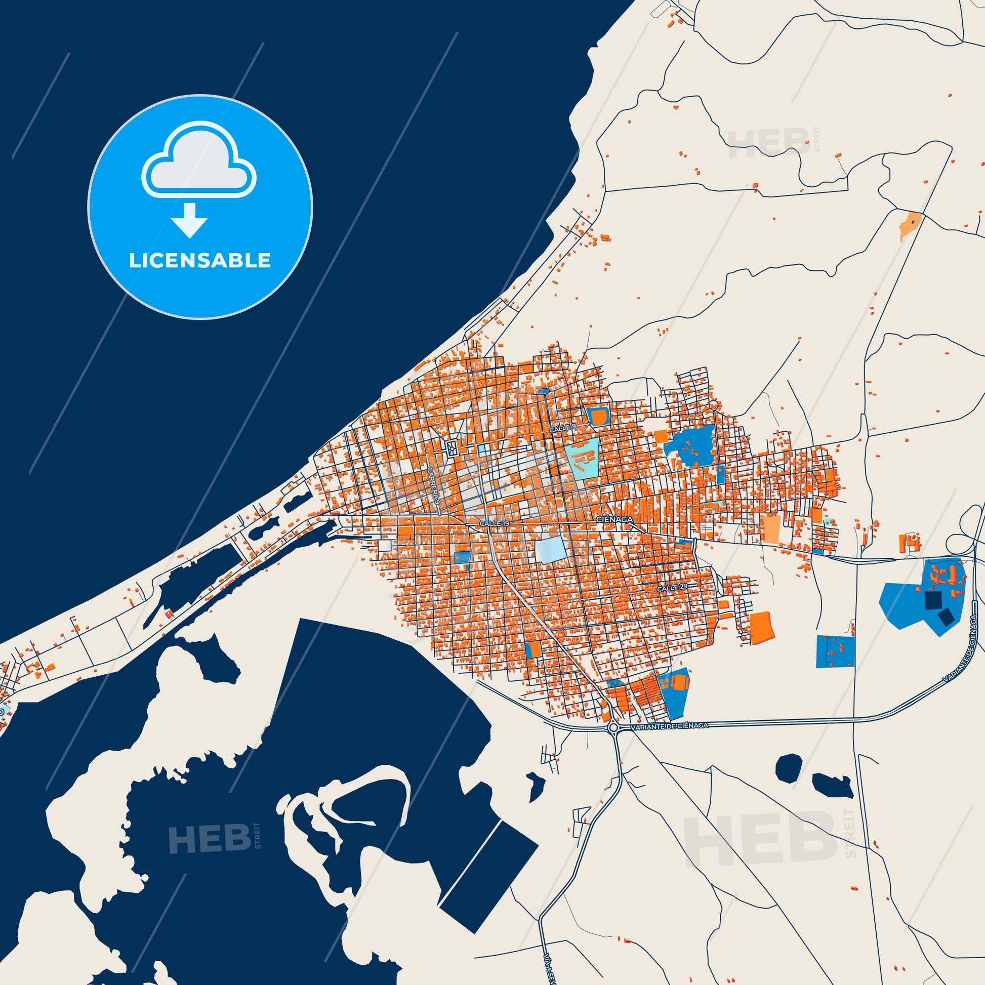 Colorful Cienaga Street Map with Labels and Buildings