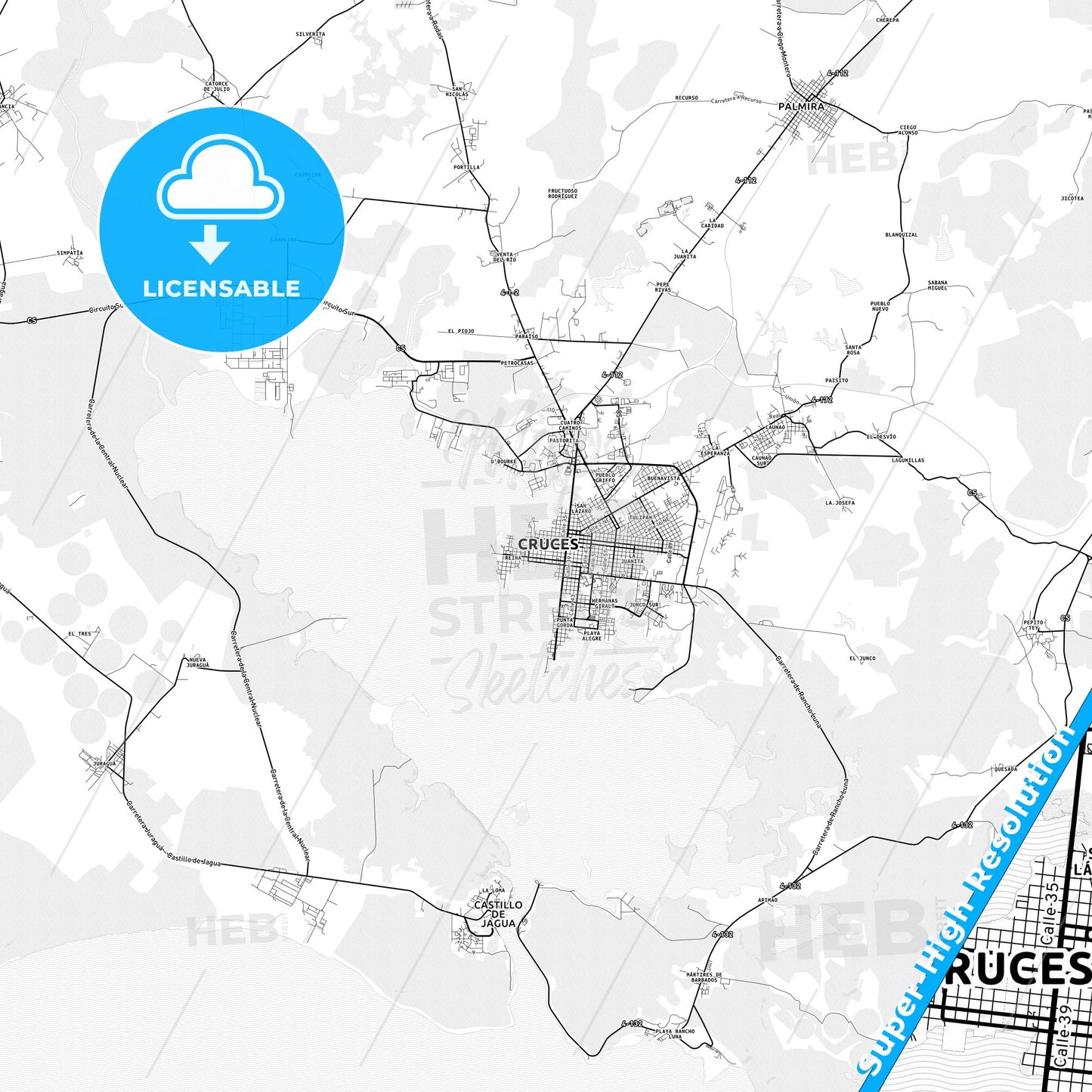 Cienfuegos, Cuba light map with streetnames, citynames and districts
