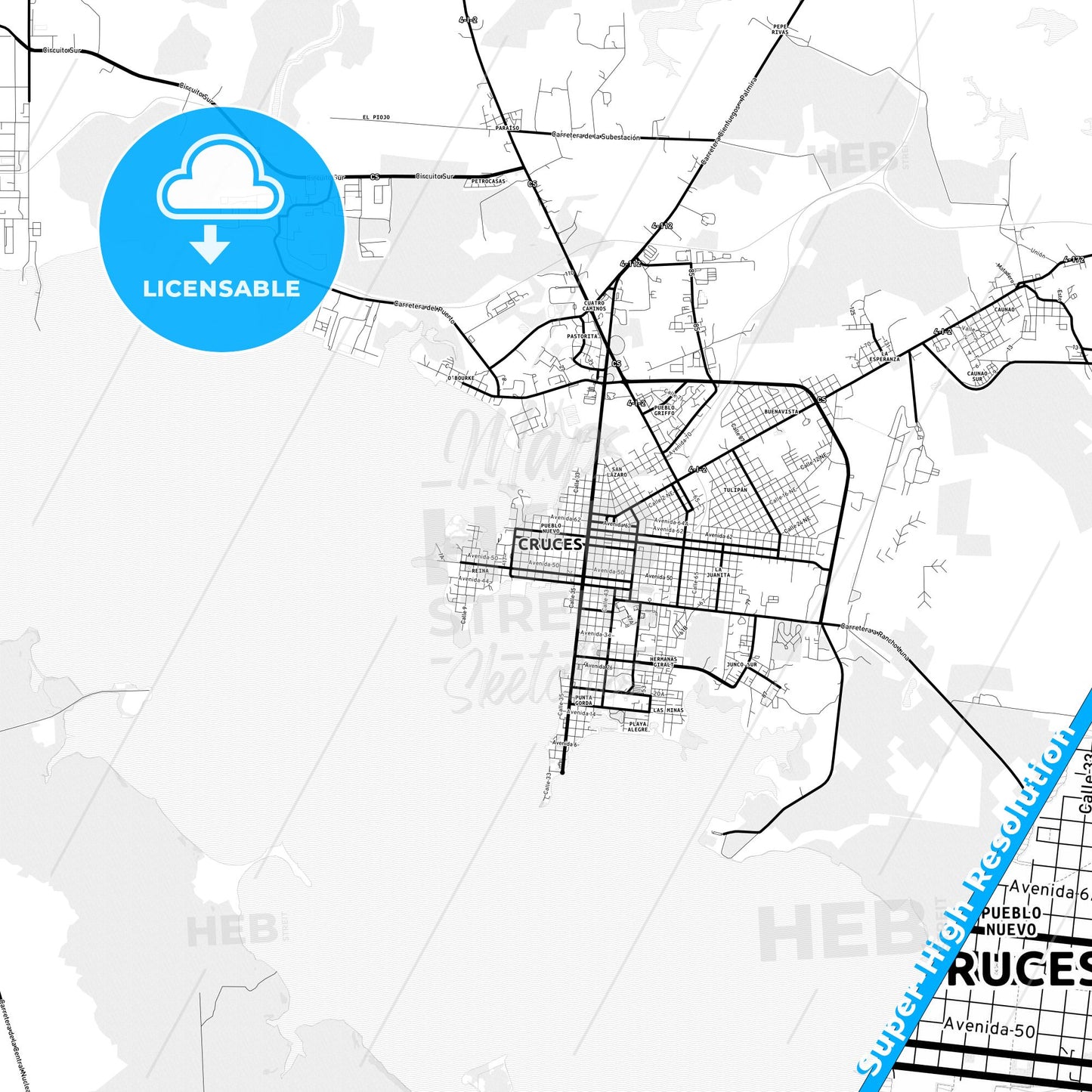 Cienfuegos, Cuba Light Map with Street Names, City Names, and Districts