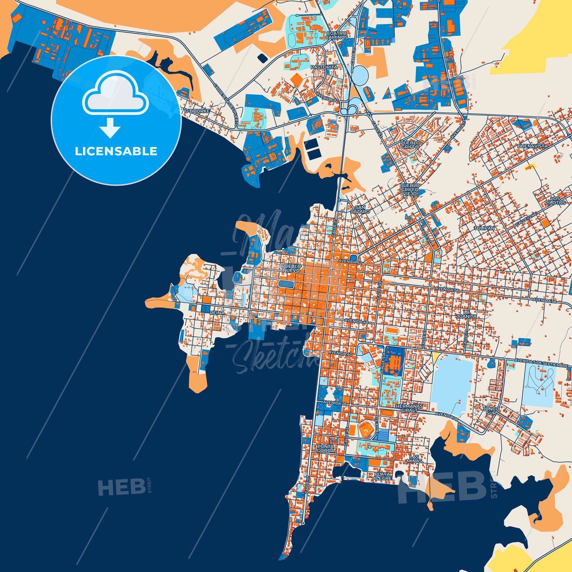 Colorful Cienfuegos Street Map with Labels and Buildings