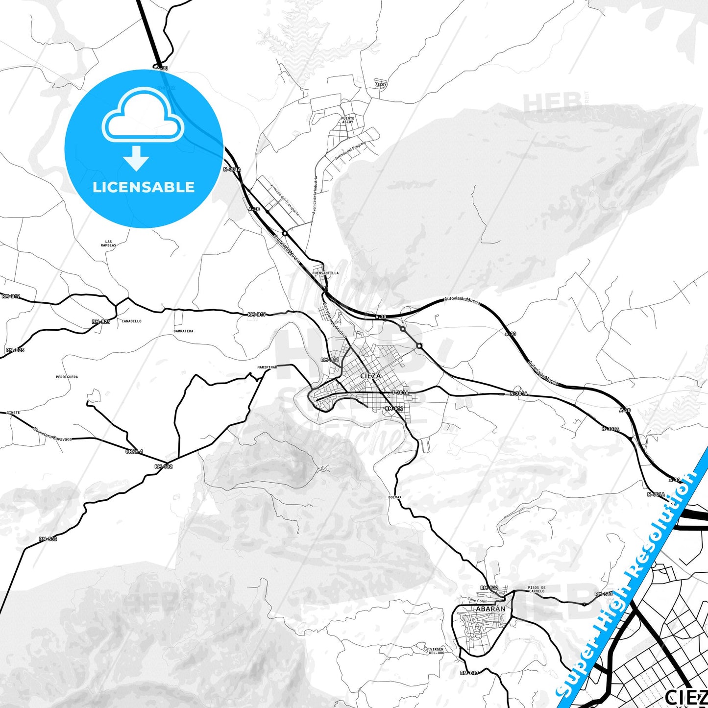 Cieza, Spain Light Map with Street Names, City Names, and Districts