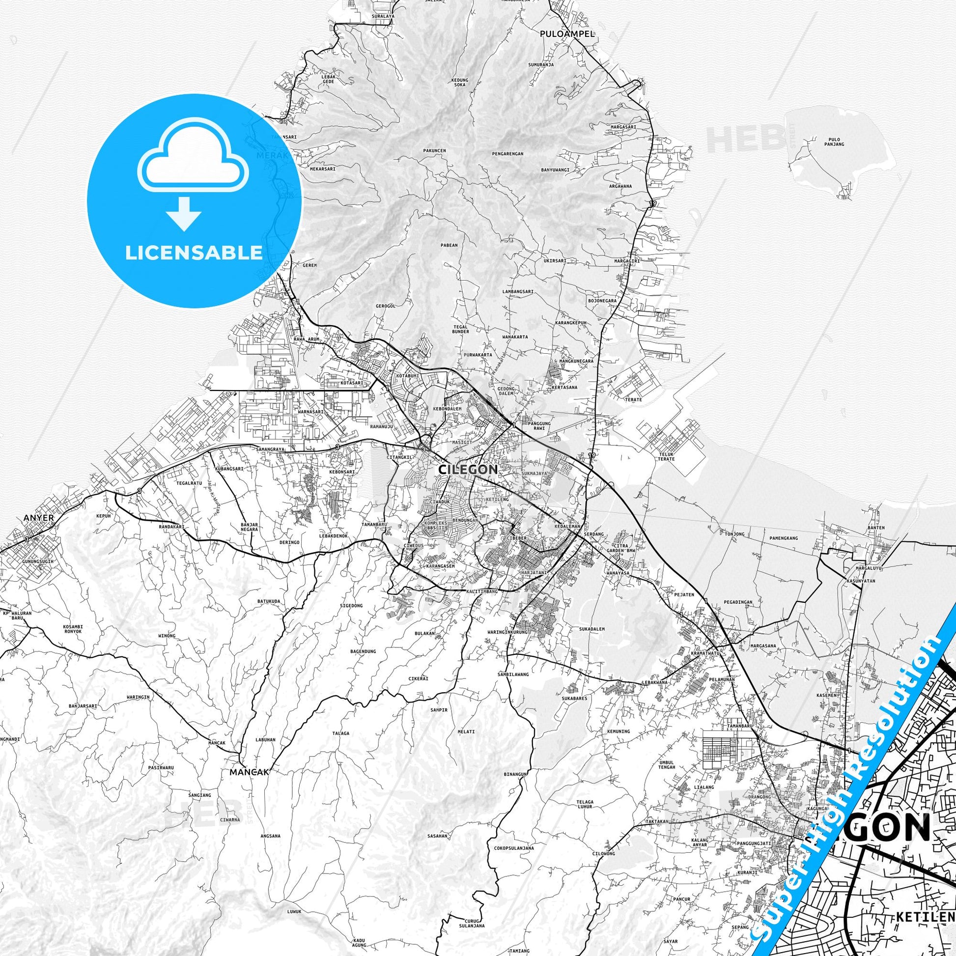 Cilegon, Indonesia light map with streetnames, citynames and districts