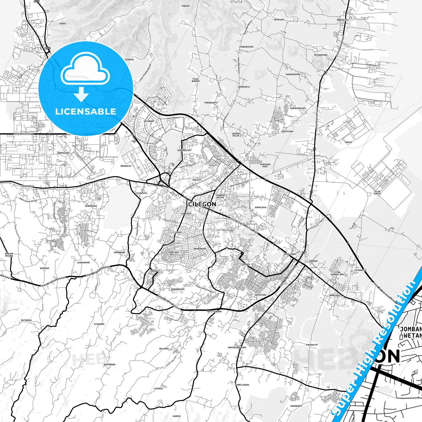 Cilegon, Indonesia Light Map with Street Names, City Names, and Districts