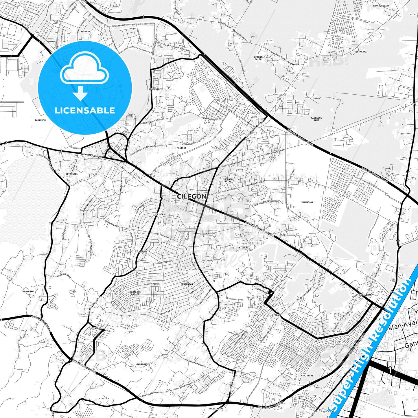 Cilegon, Indonesia Light Map with Street Names, City Names, and Districts