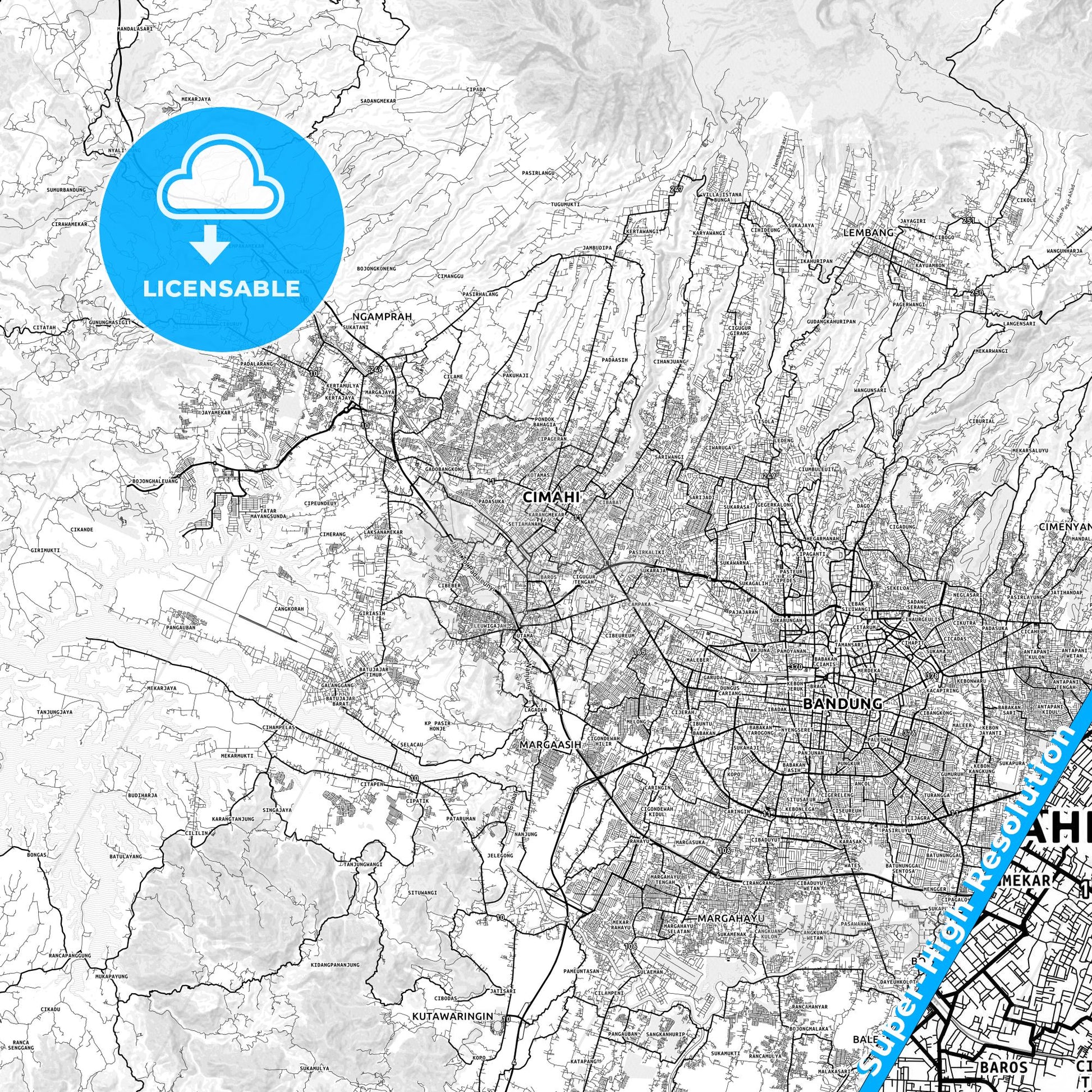 Cimahi, Indonesia light map with streetnames, citynames and districts
