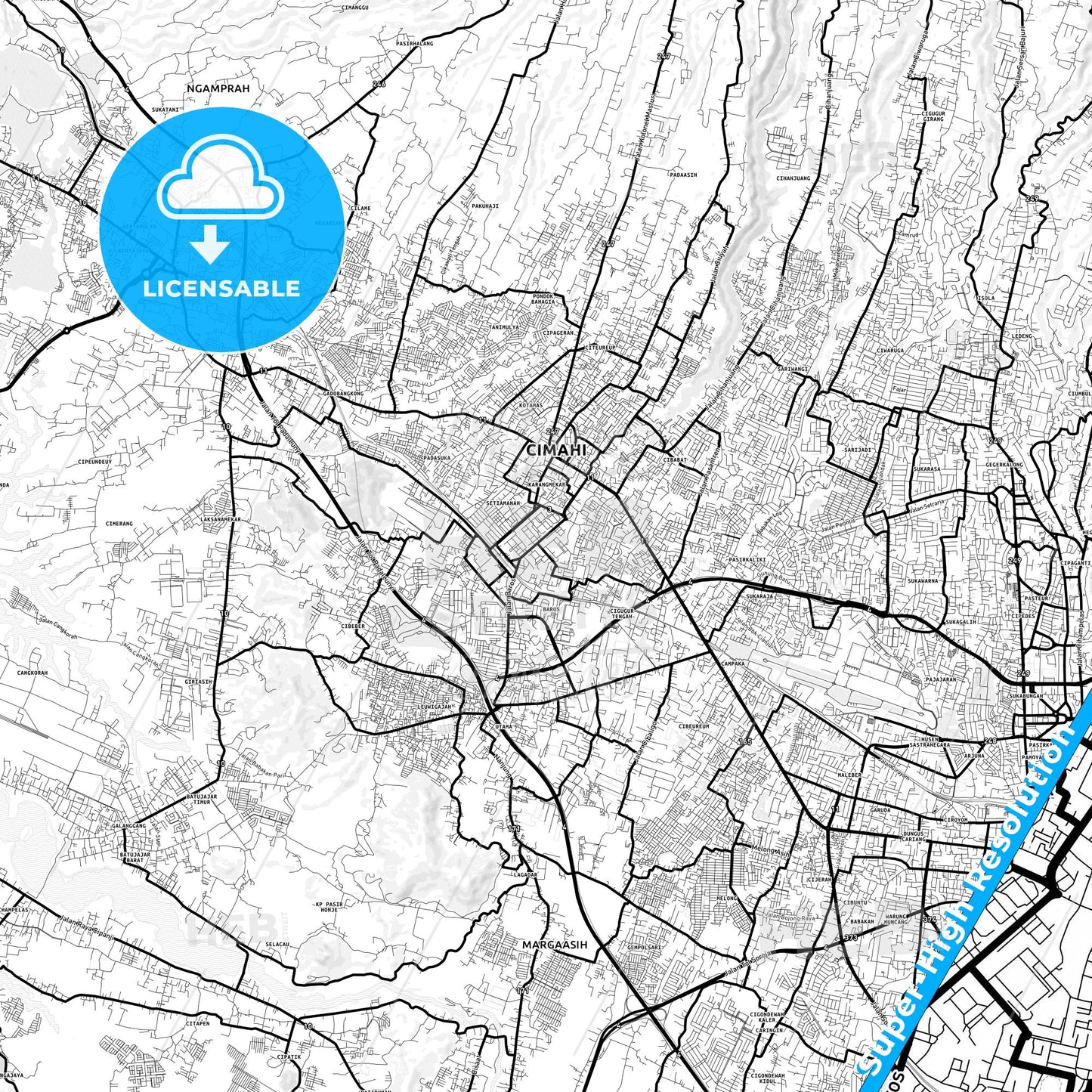 Cimahi, Indonesia Light Map with Street Names, City Names, and Districts