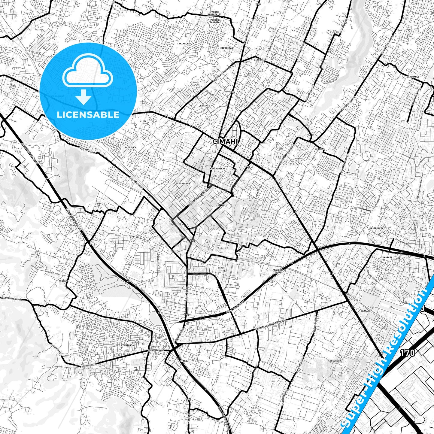 Cimahi, Indonesia Light Map with Street Names, City Names, and Districts