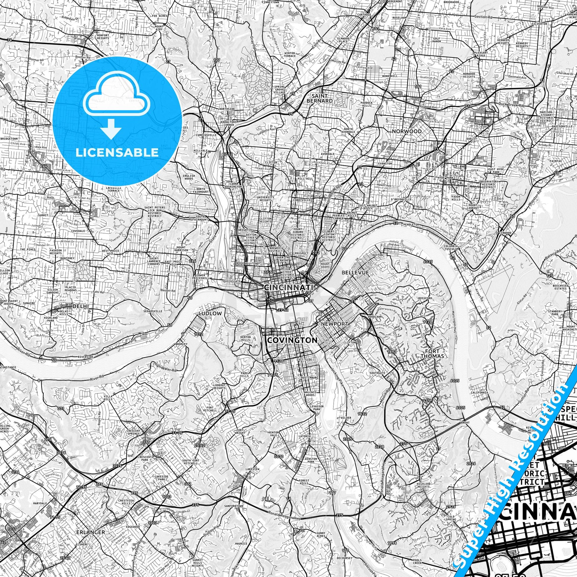 Cincinnati, Ohio light map with streetnames, citynames and districts
