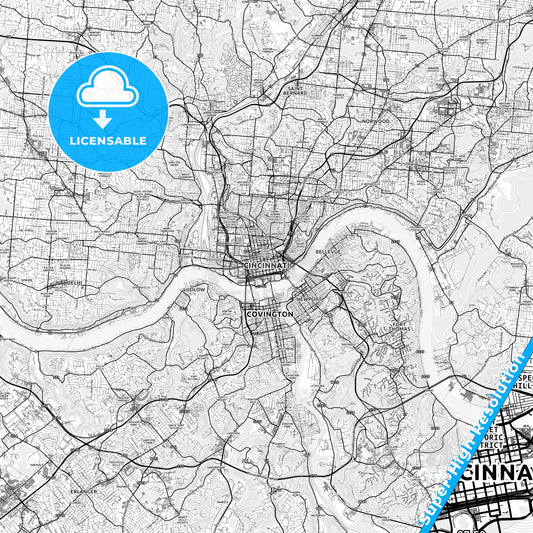 Cincinnati, Ohio light map with streetnames, citynames and districts