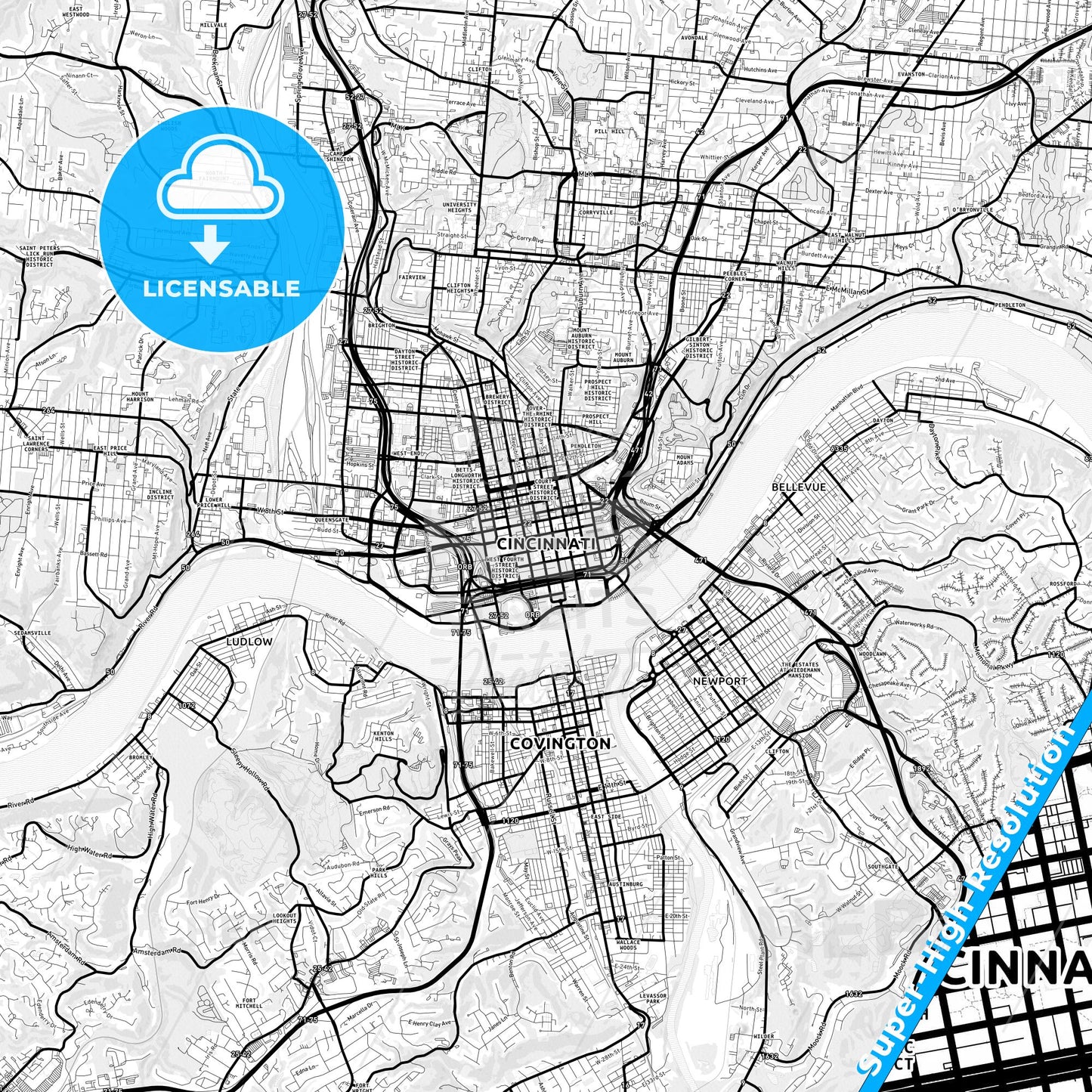 Cincinnati, Ohio Light Map with Street Names, City Names, and Districts