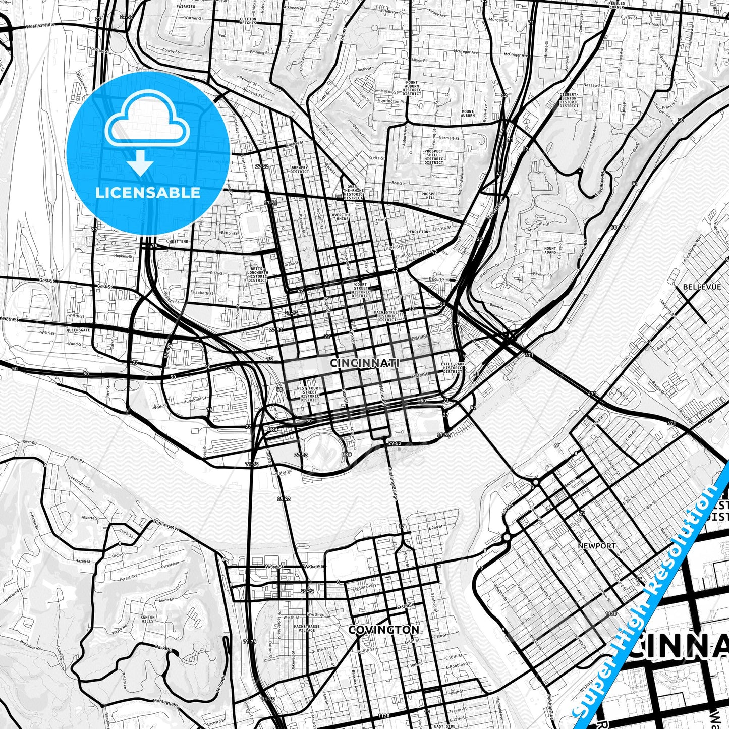 Cincinnati, Ohio Light Map with Street Names, City Names, and Districts
