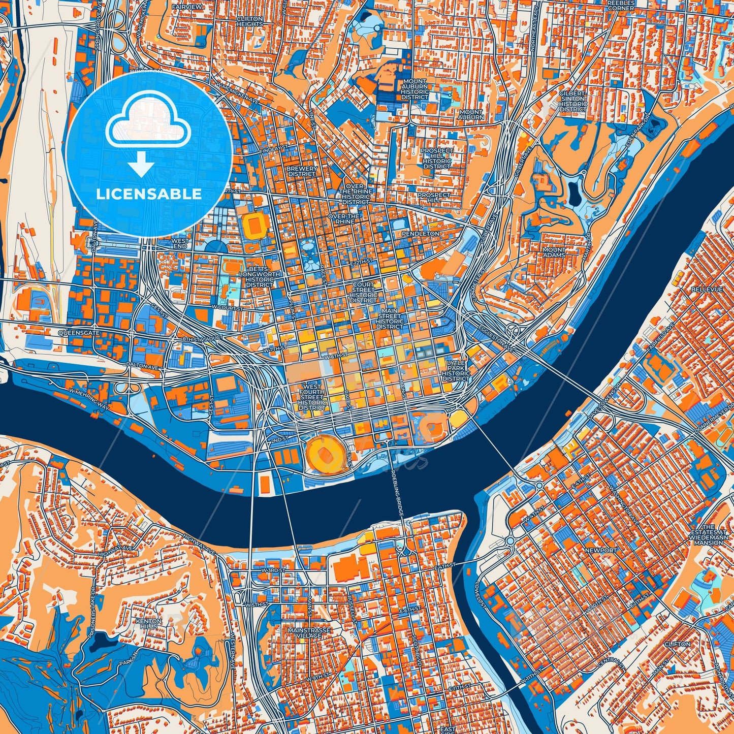 Colorful Cincinnati Street Map with Labels and Buildings