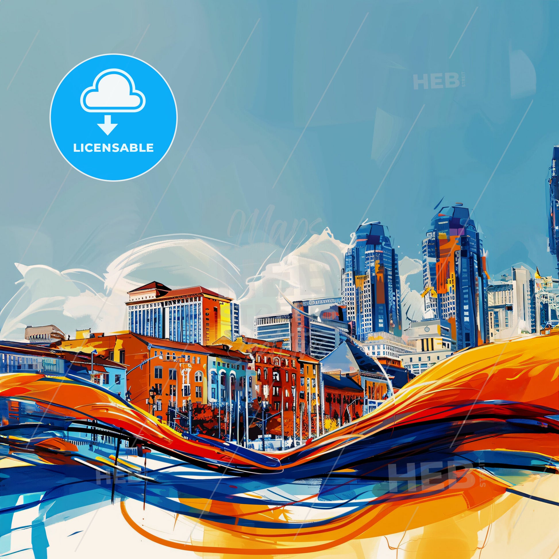 Vibrant Cincinnati, Ohio - A Colorful Cityscape With Blue And Orange Waves