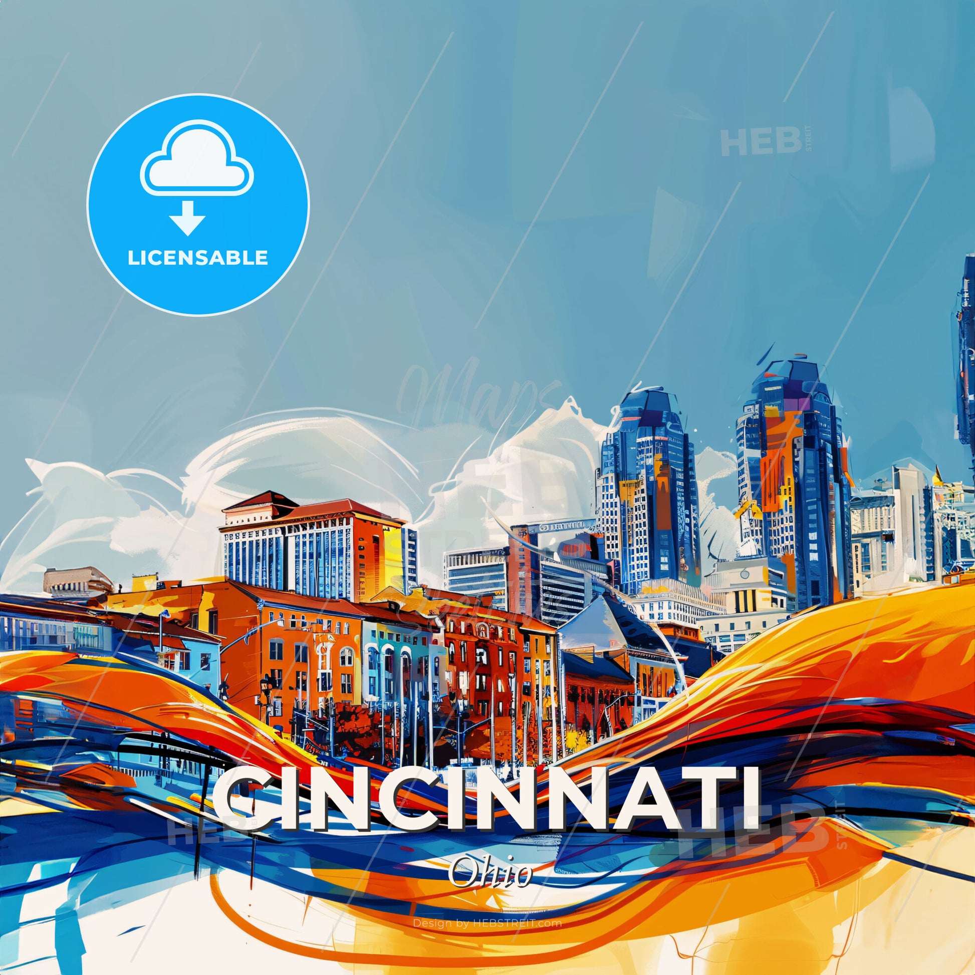 Vibrant Cincinnati, Ohio - A Colorful Cityscape With Blue And Orange Waves - Square format print template