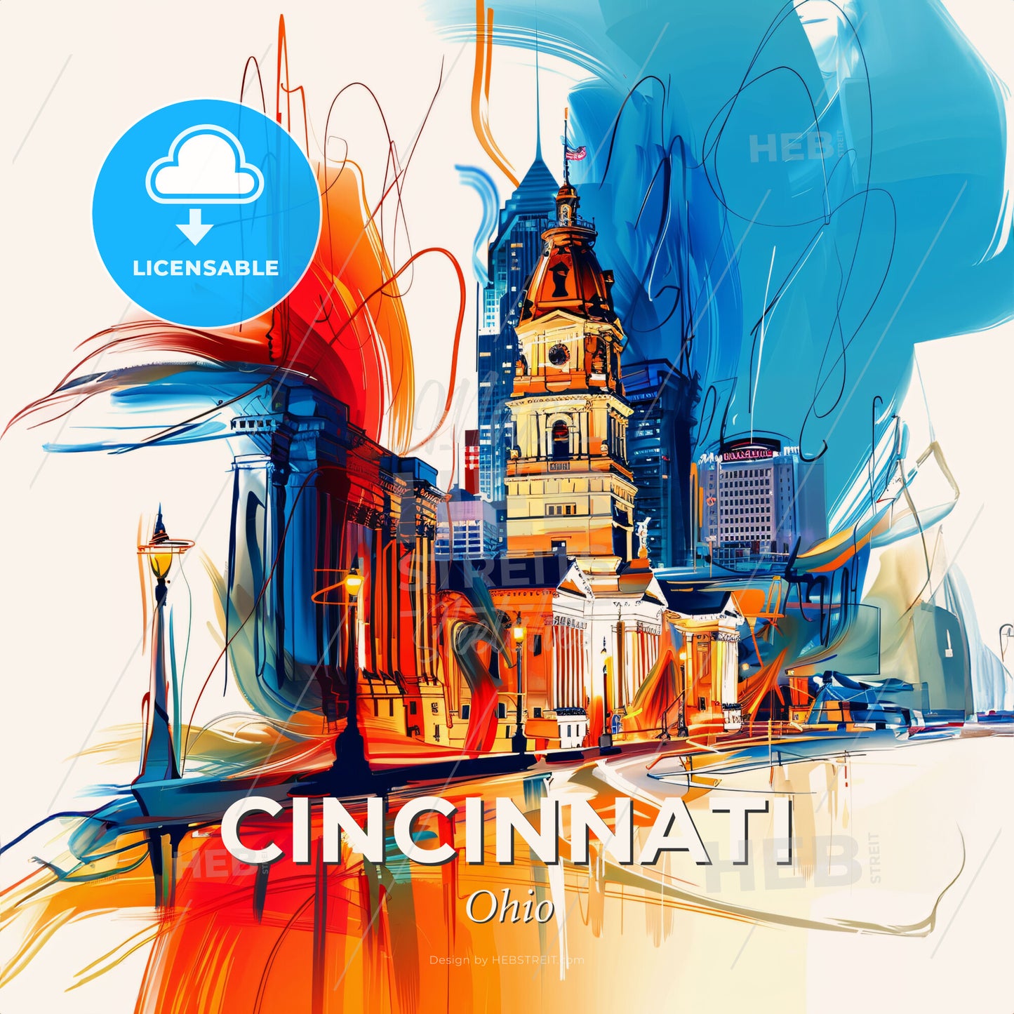 Vibrant Cincinnati, Ohio - A Painting Of A City - Square format print template