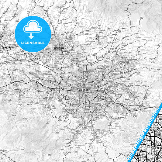 Cinco Esquinas, Costa Rica light map with streetnames, citynames and districts