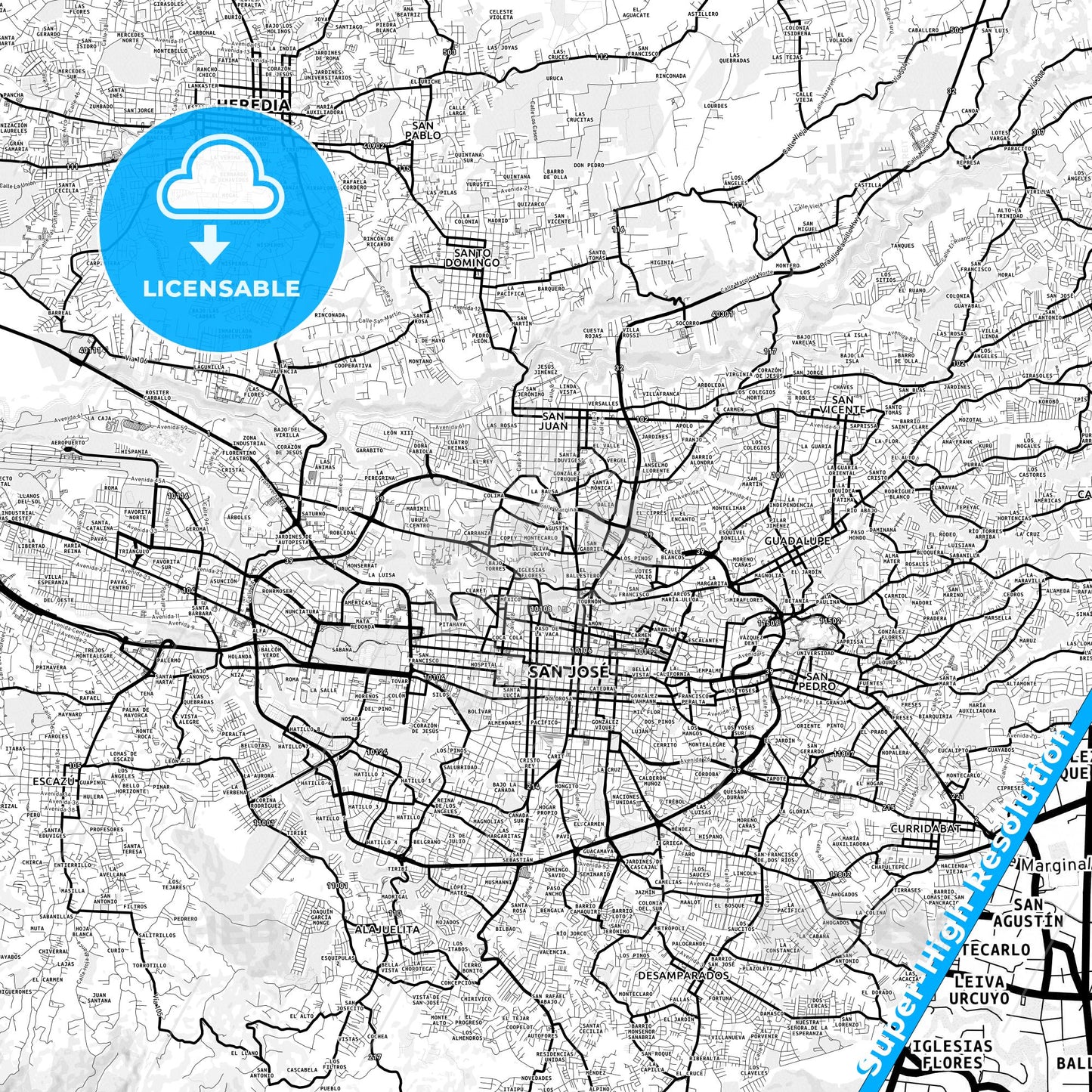 Cinco Esquinas, Costa Rica Light Map with Street Names, City Names, and Districts