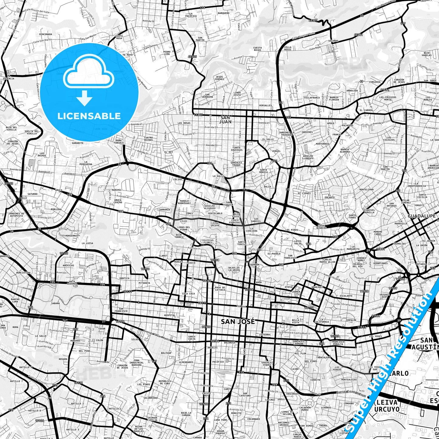 Cinco Esquinas, Costa Rica Light Map with Street Names, City Names, and Districts