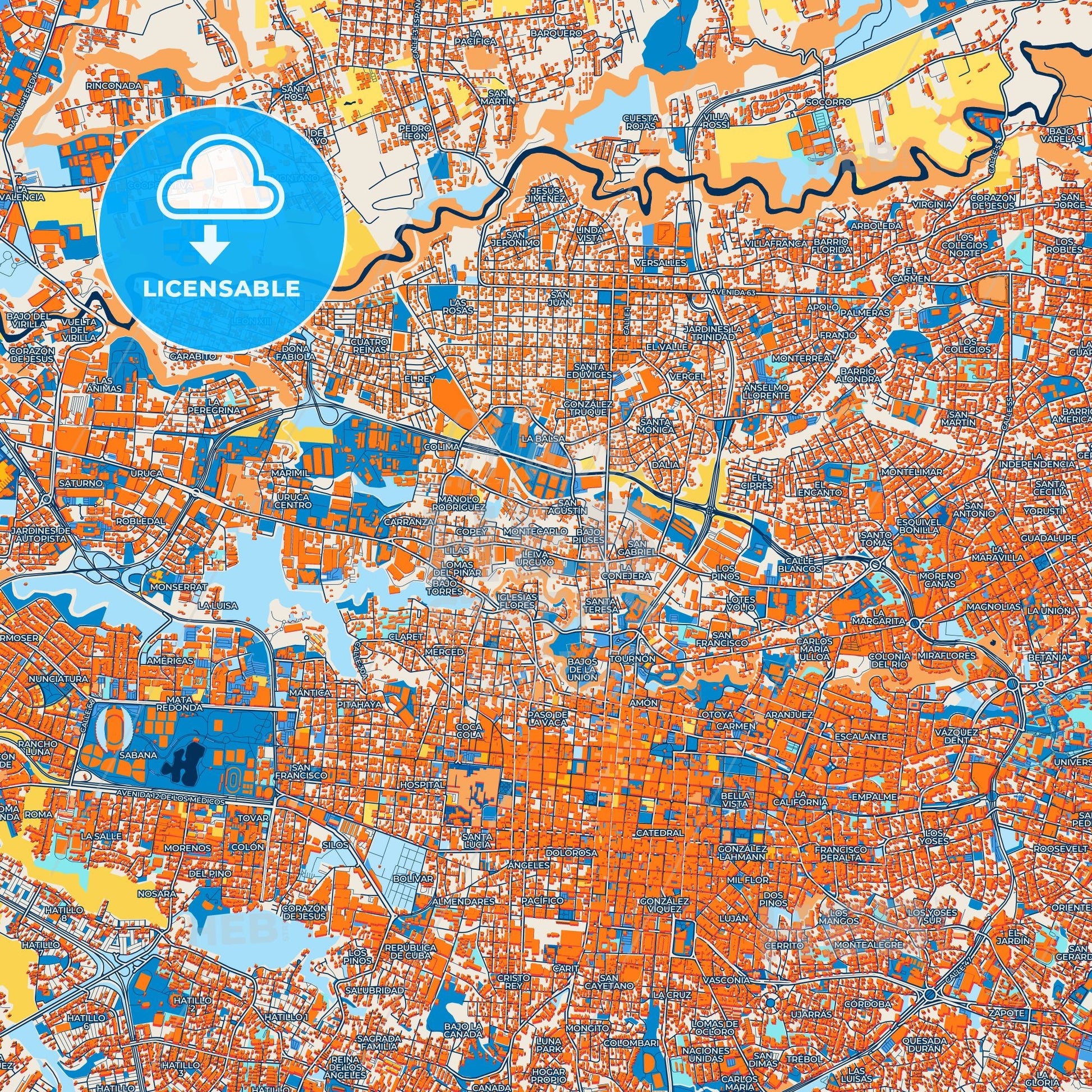 Colorful Cinco Esquinas Street Map with Labels and Buildings