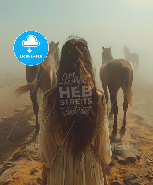 Artful Cinematic Portrait of a Young Equestrian Girl Amidst Steeds in a Misty Desert Landscape