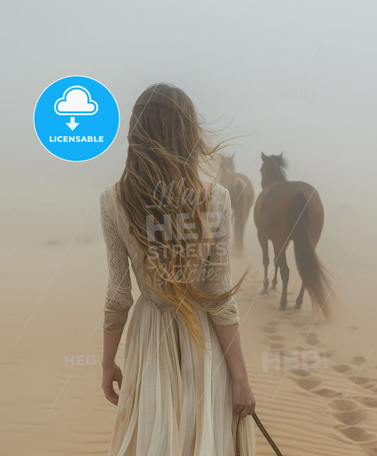 Expressive woman and horses in desert sunrise landscape, acrylic painting, digital art