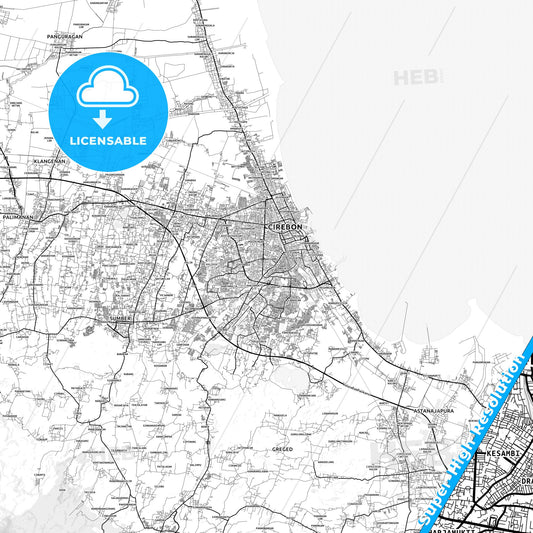 Cirebon, Indonesia light map with streetnames, citynames and districts