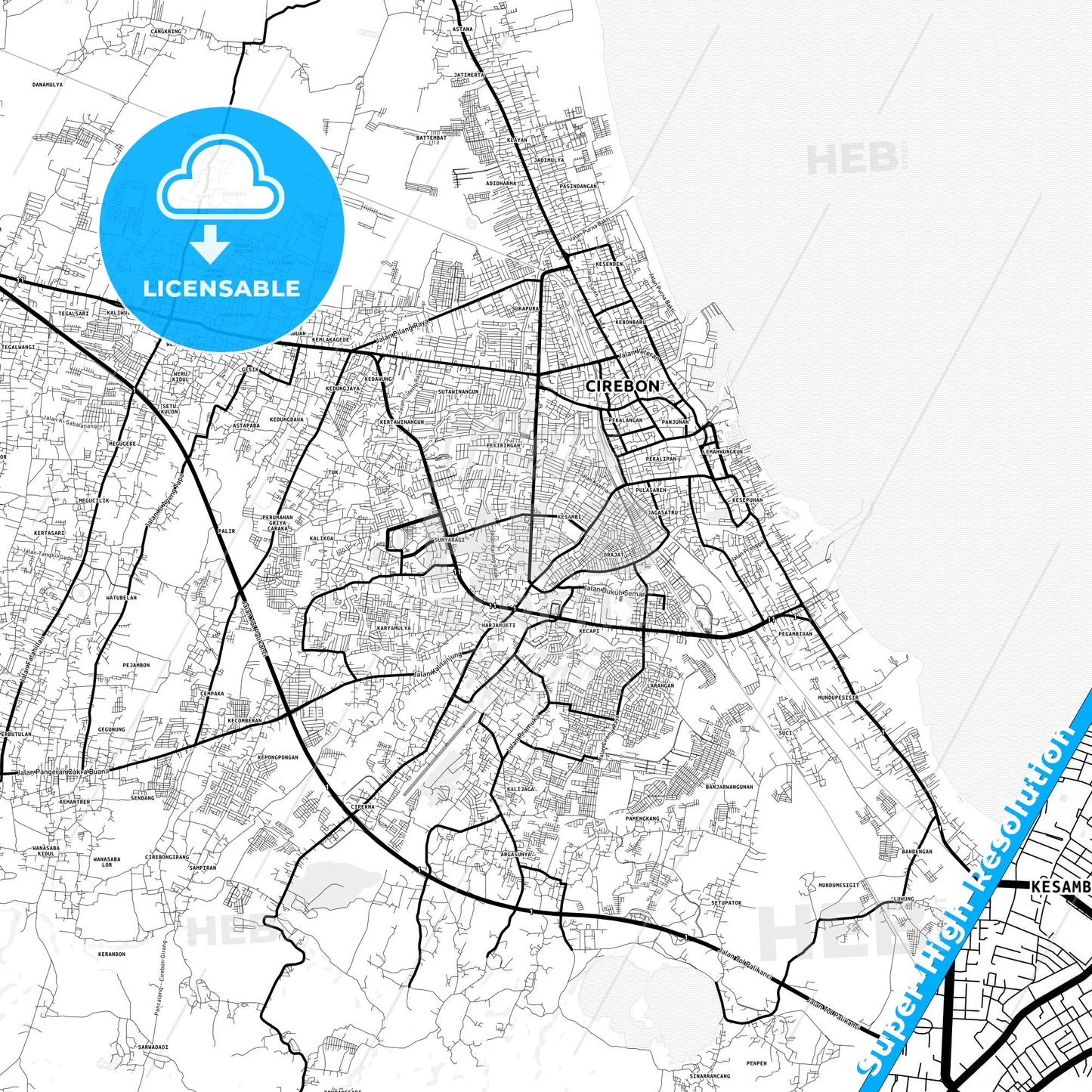 Cirebon, Indonesia Light Map with Street Names, City Names, and Districts