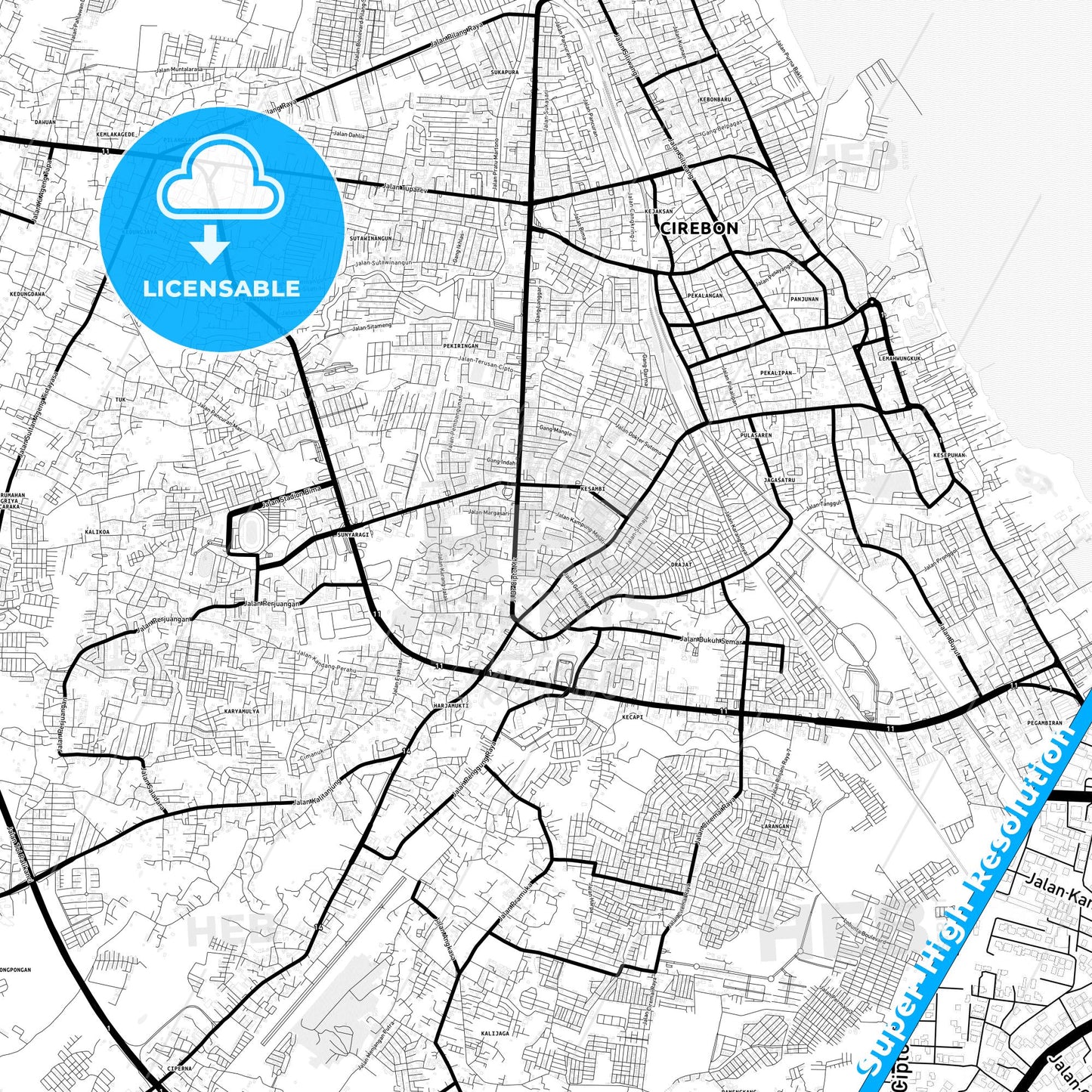 Cirebon, Indonesia Light Map with Street Names, City Names, and Districts