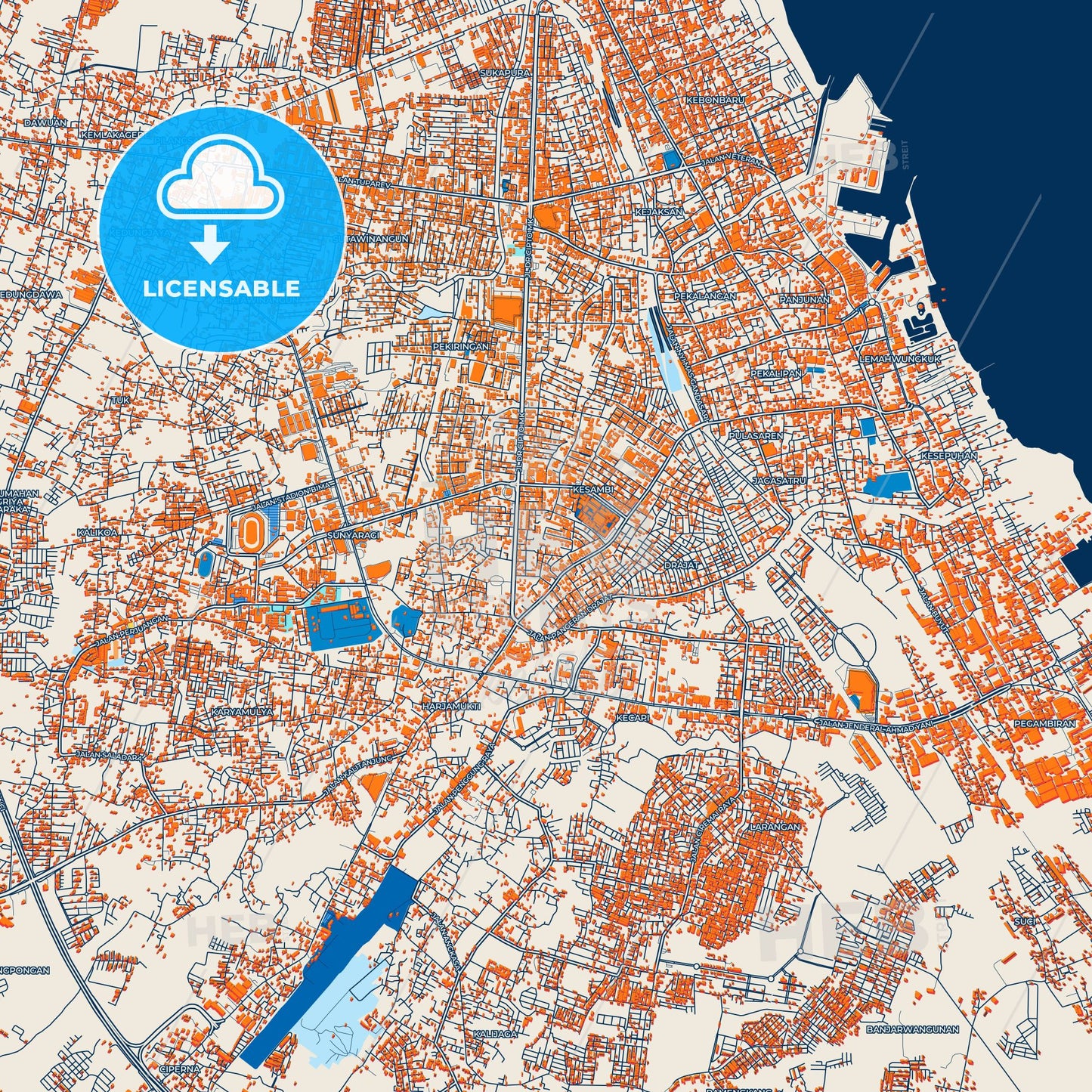 Colorful Cirebon Street Map with Labels and Buildings