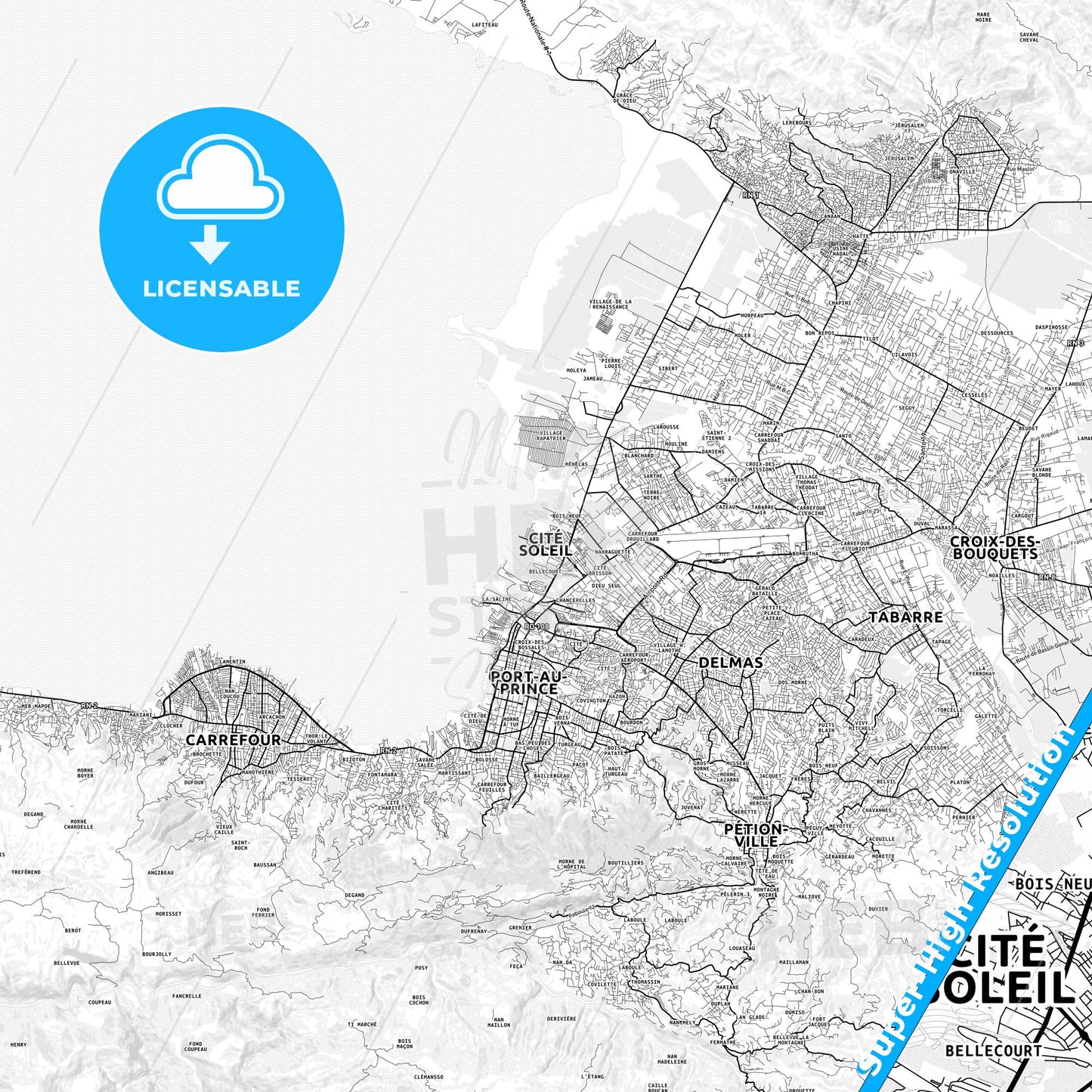 Cité Soleil, Haiti light map with streetnames, citynames and districts