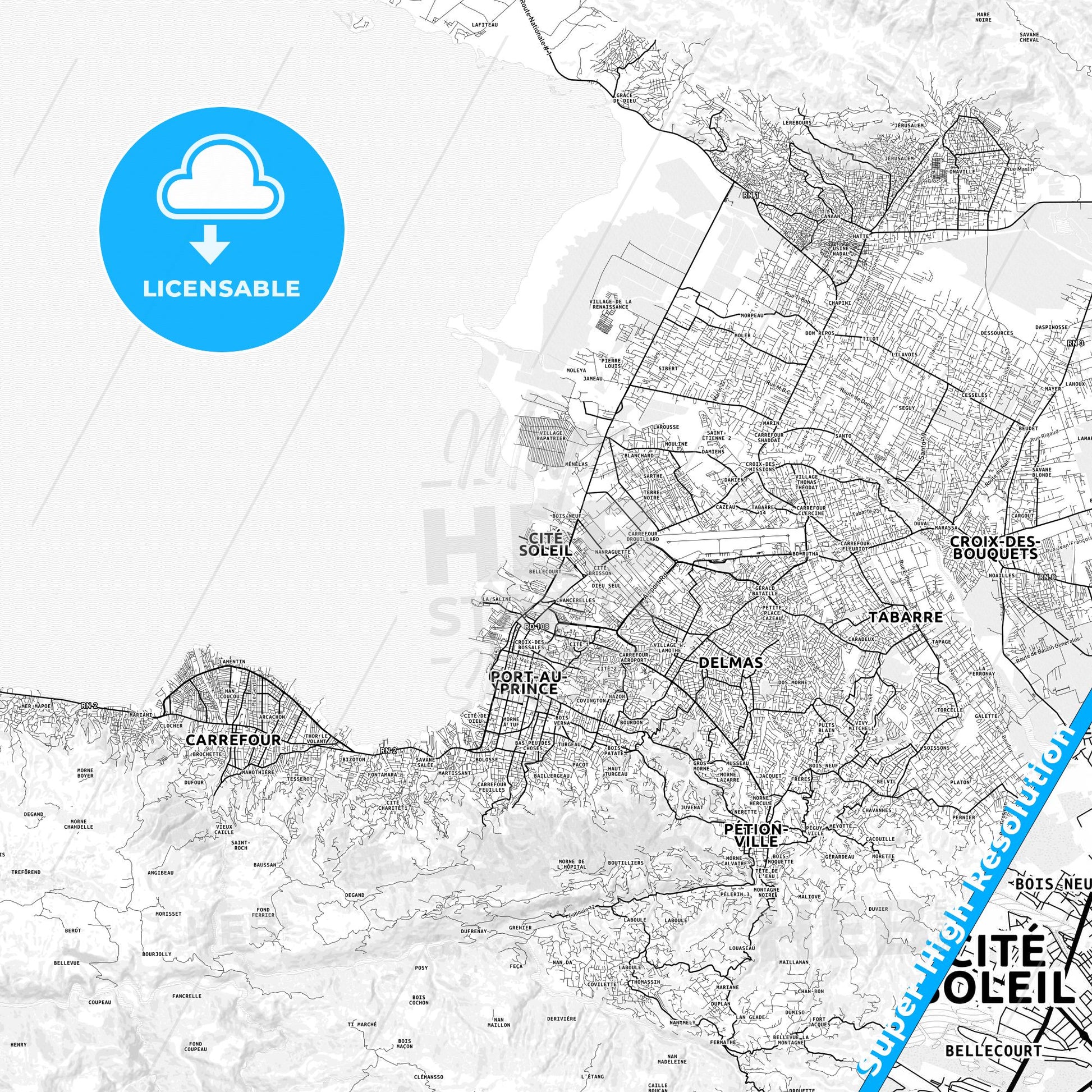 Cité Soleil, Haiti light map with streetnames, citynames and districts