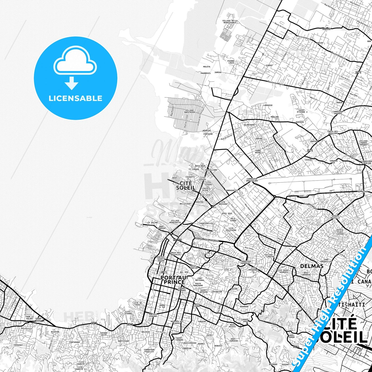 Cité Soleil, Haiti Light Map with Street Names, City Names, and Districts